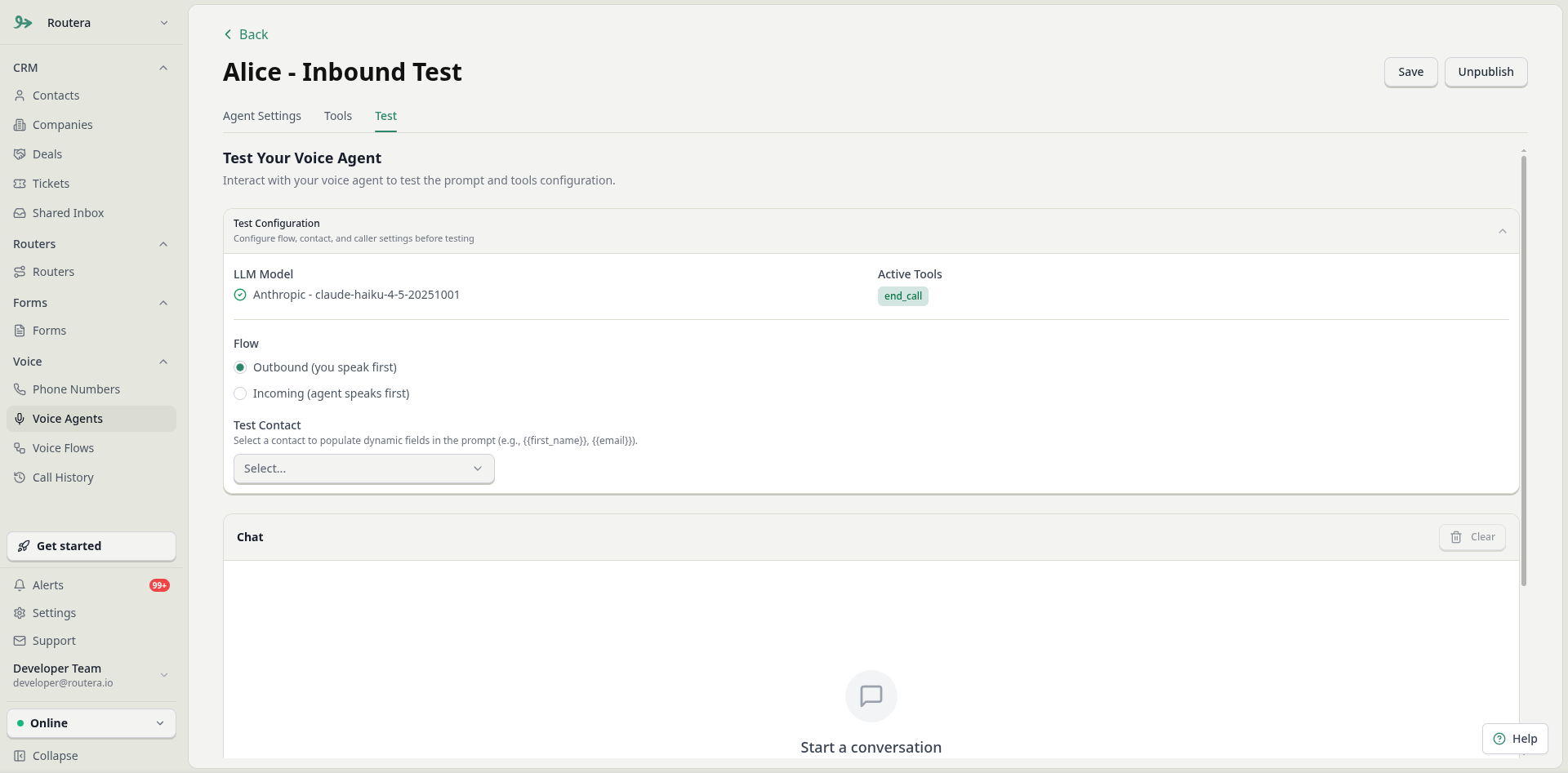 Test tab with contact lookup and chat