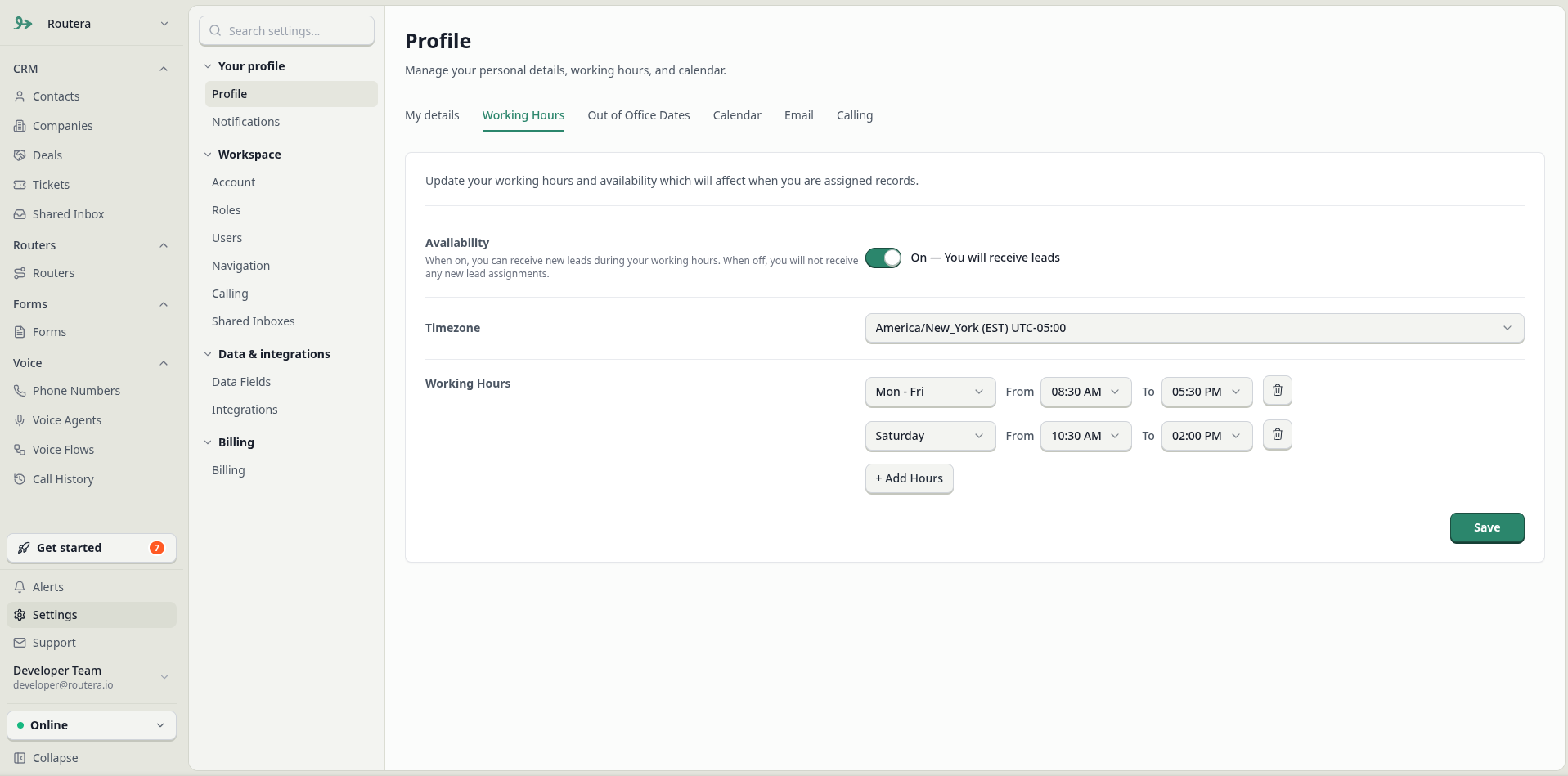 Profile working hours with availability, timezone, and schedule