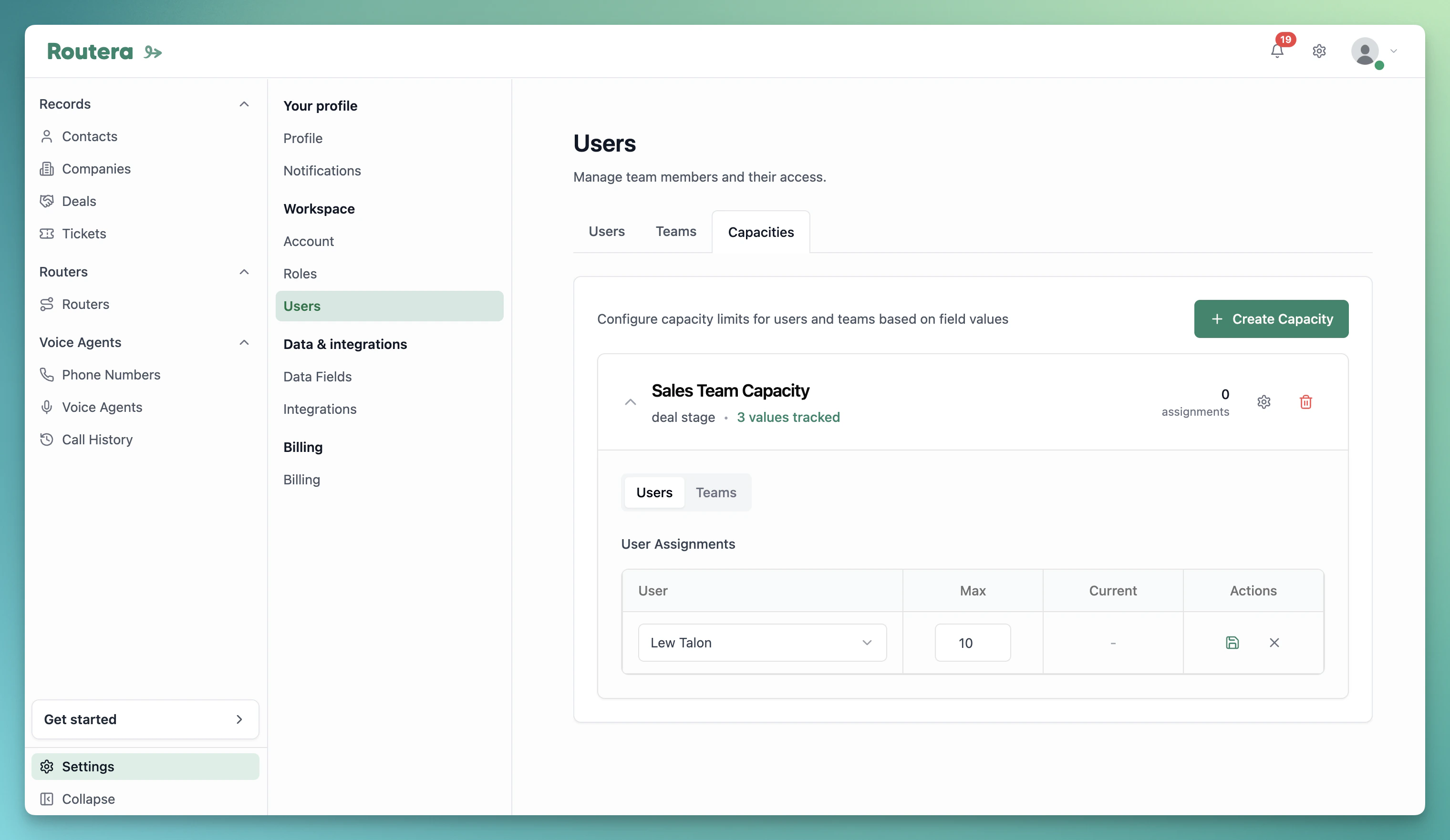 Capacity card with user and team assignments