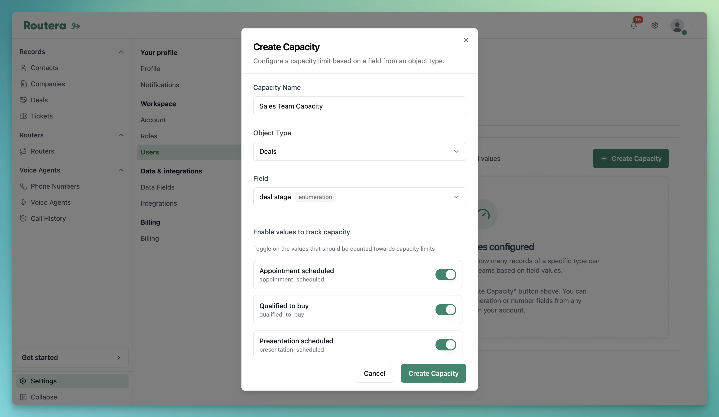 Create Capacity dialog with object type, field, and values