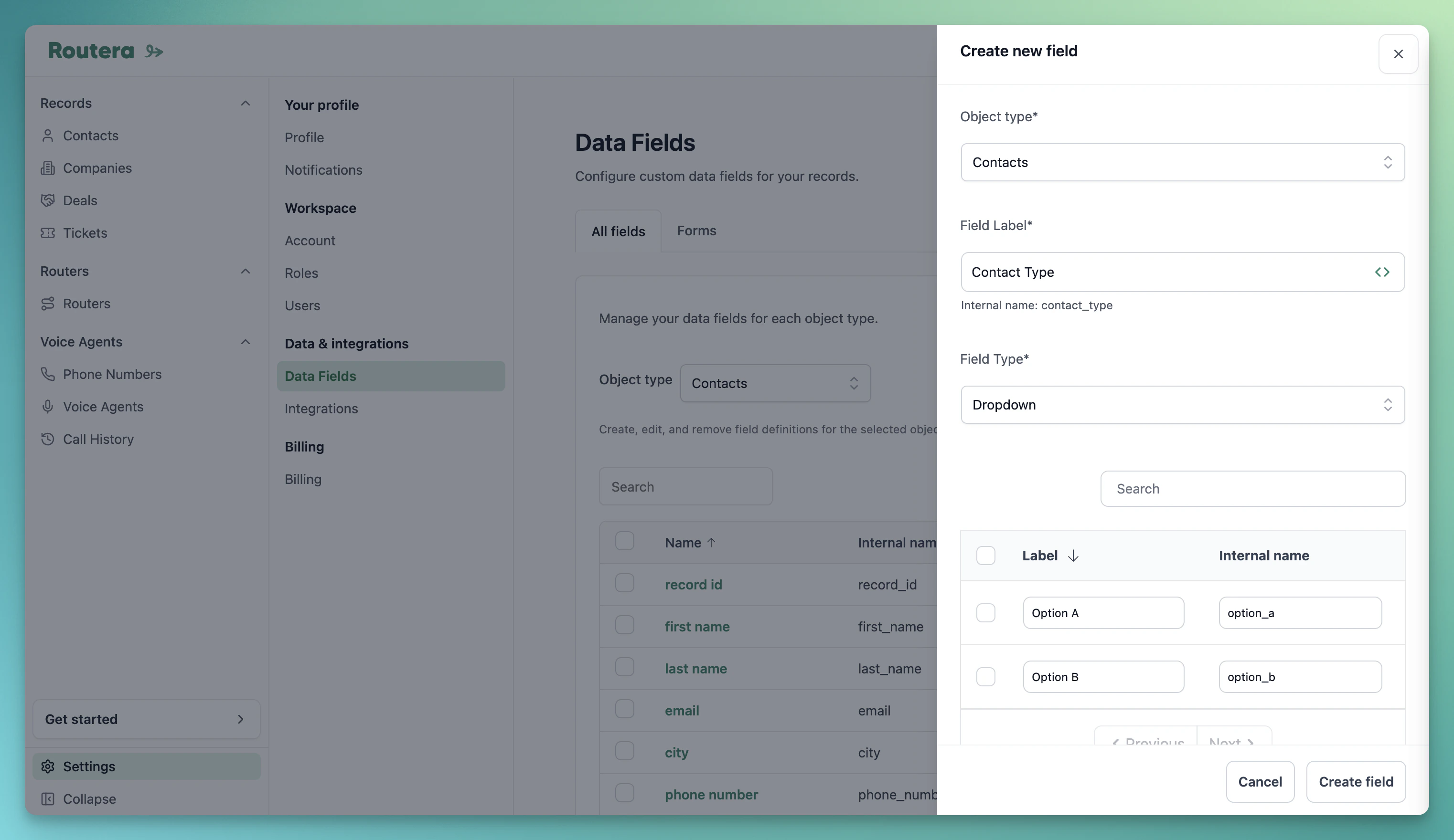 Create Field drawer with object type, label, and field type