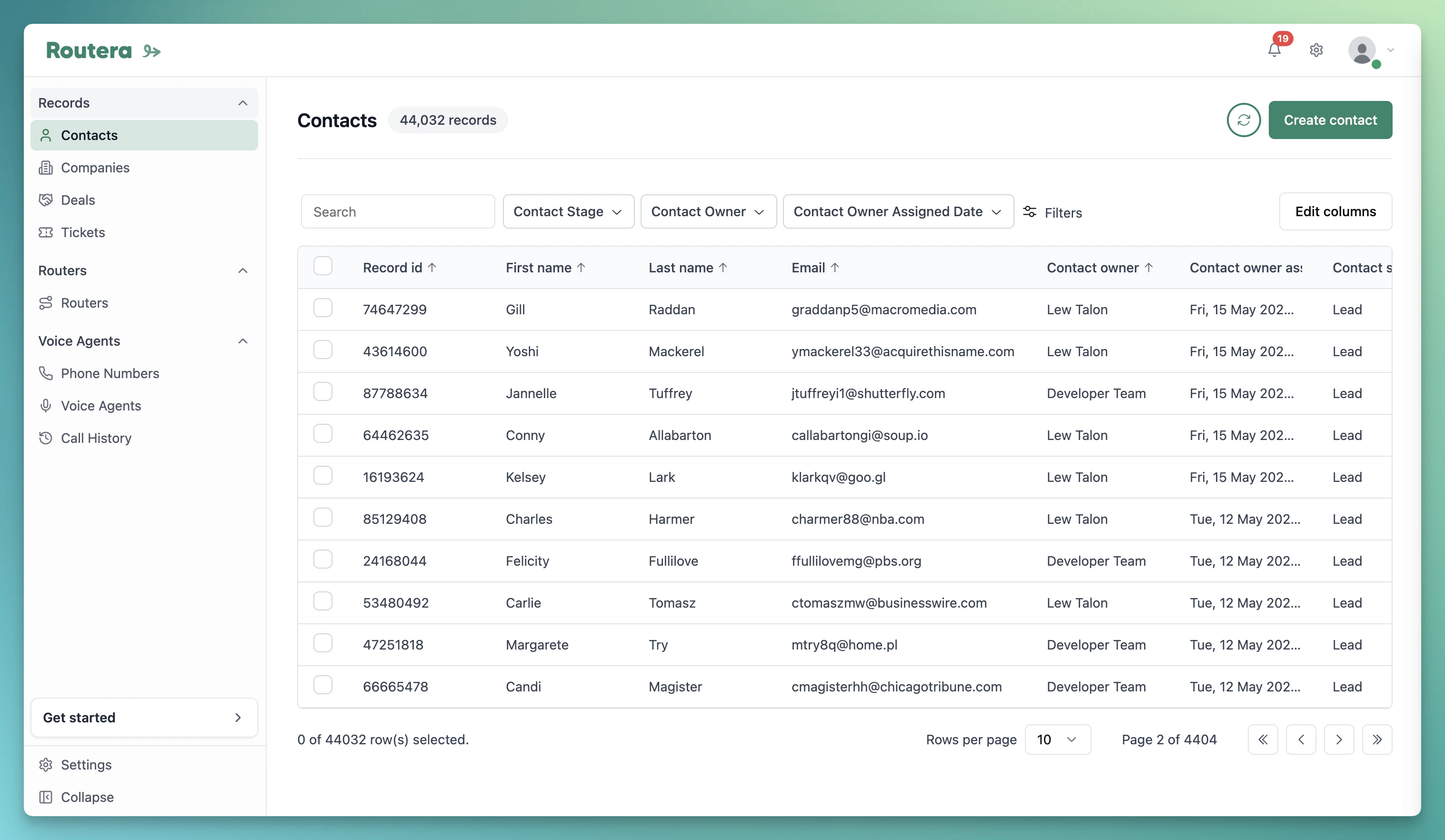 Records list with Create contact and record form drawer