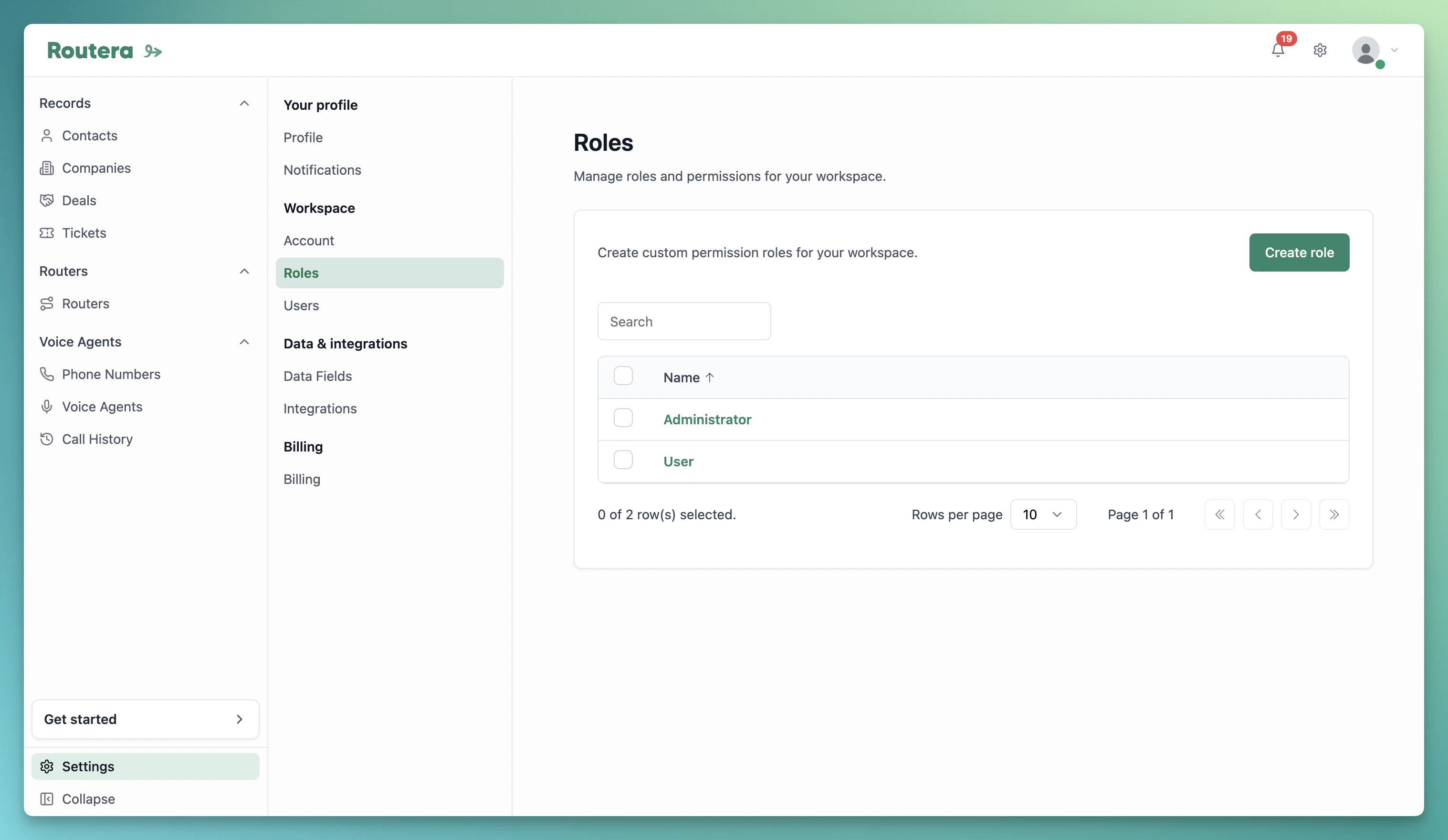 Role permissions on Records, Router, and Settings tabs