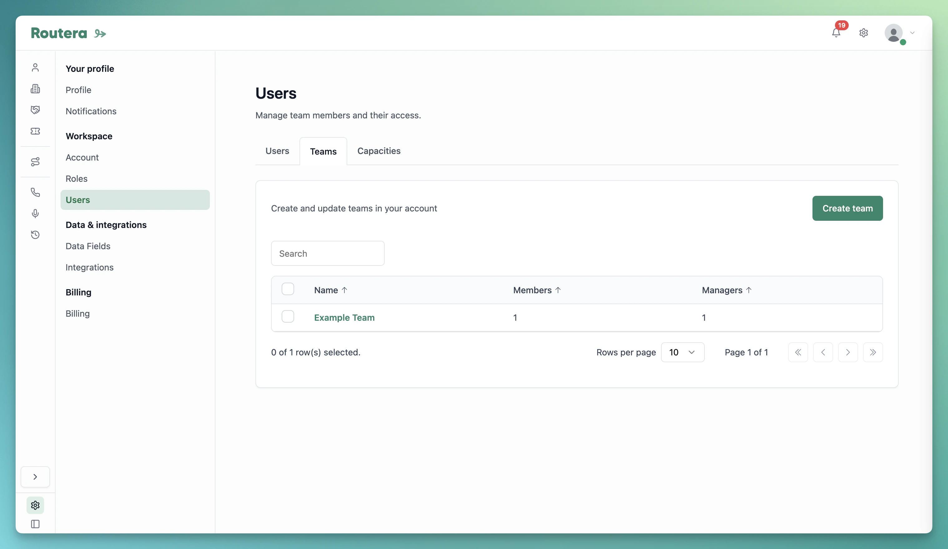 Create team drawer with name, managers, and members