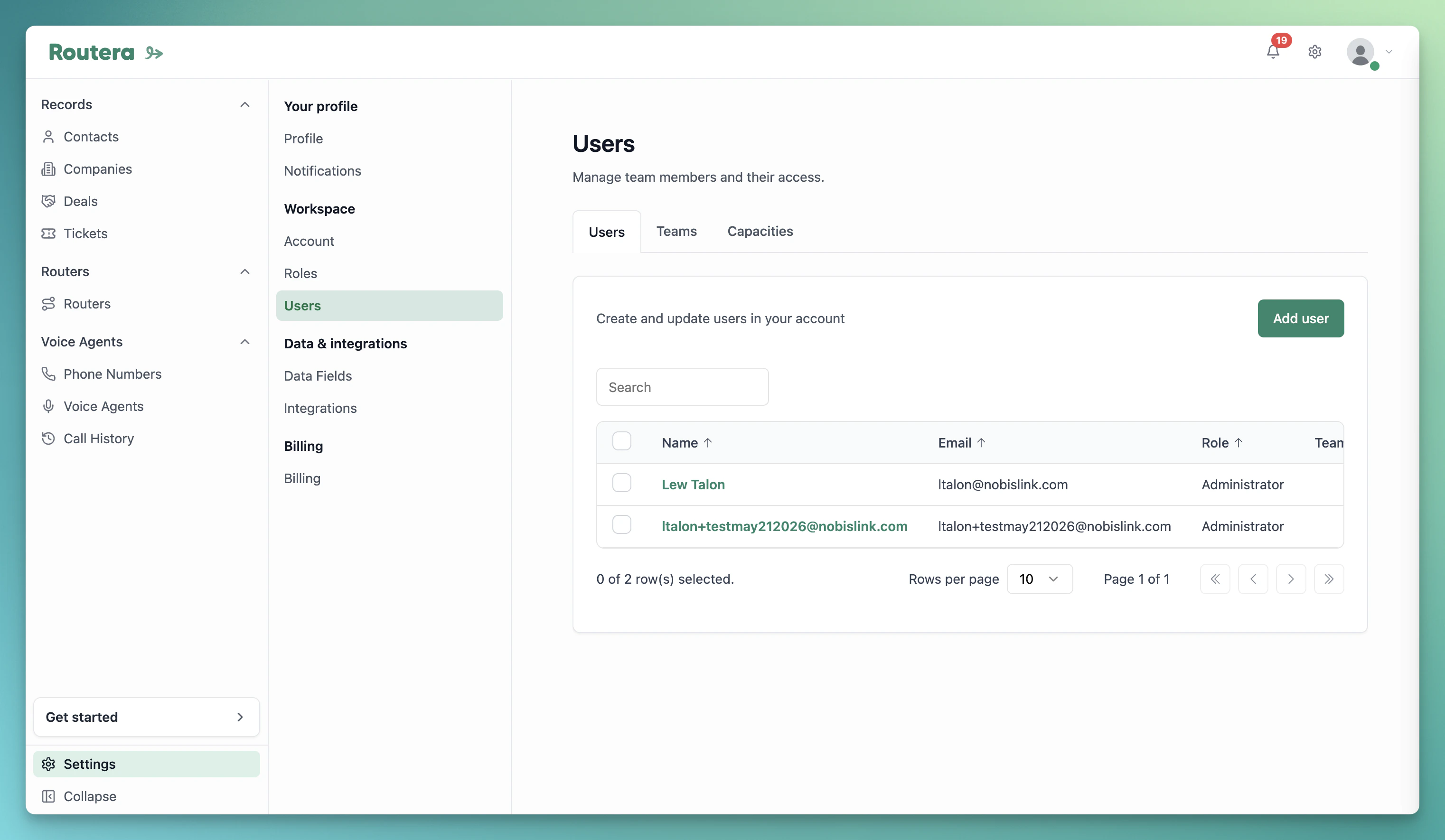 Settings Users page with Add user