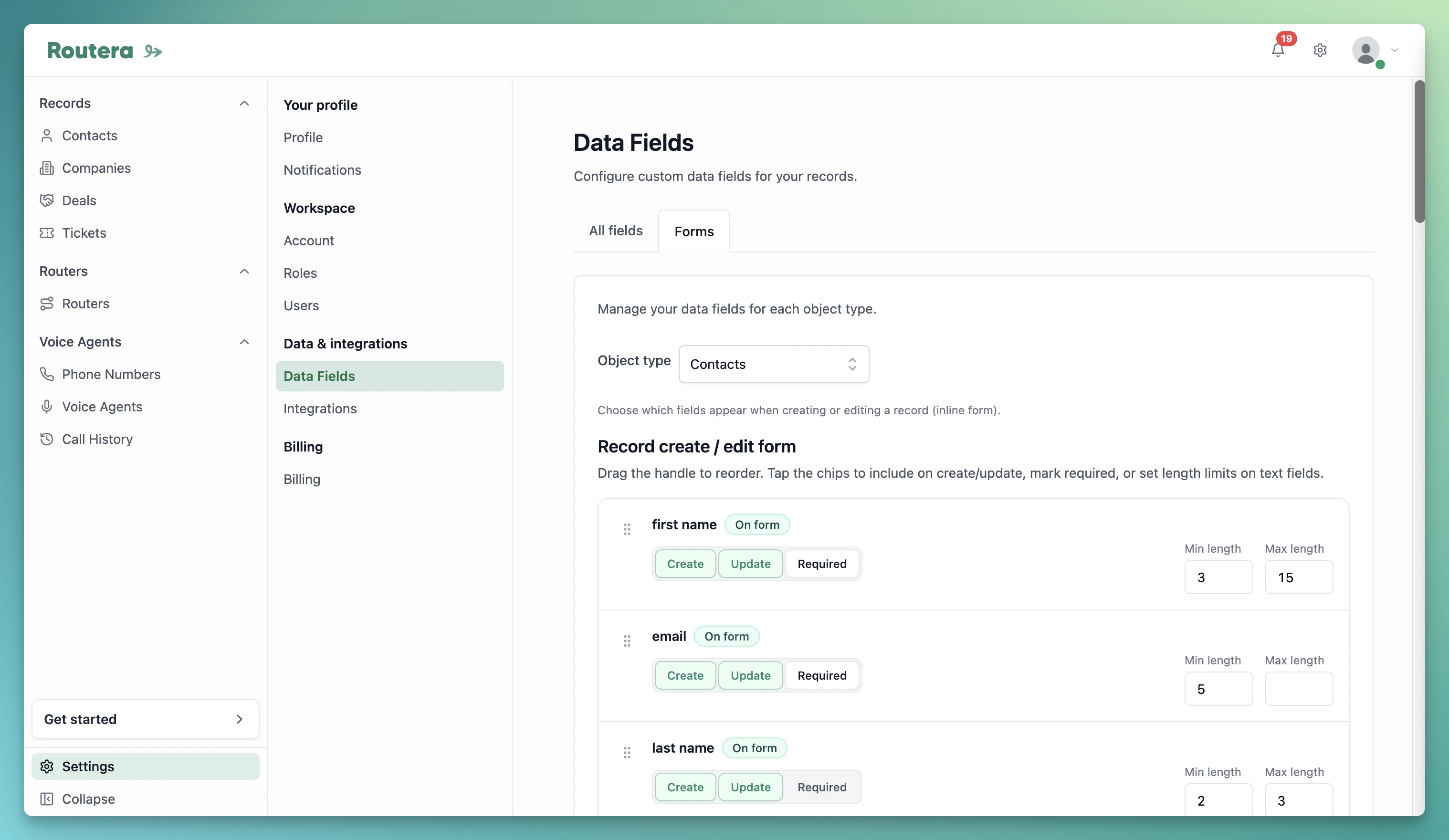 Forms tab with field order, Create, Update, and Required toggles