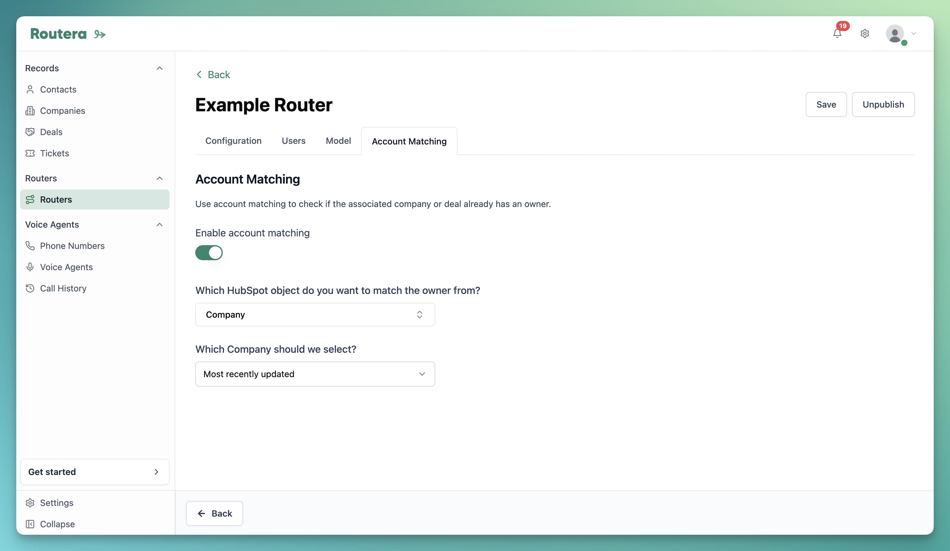 Account Matching enabled with related object and sort option