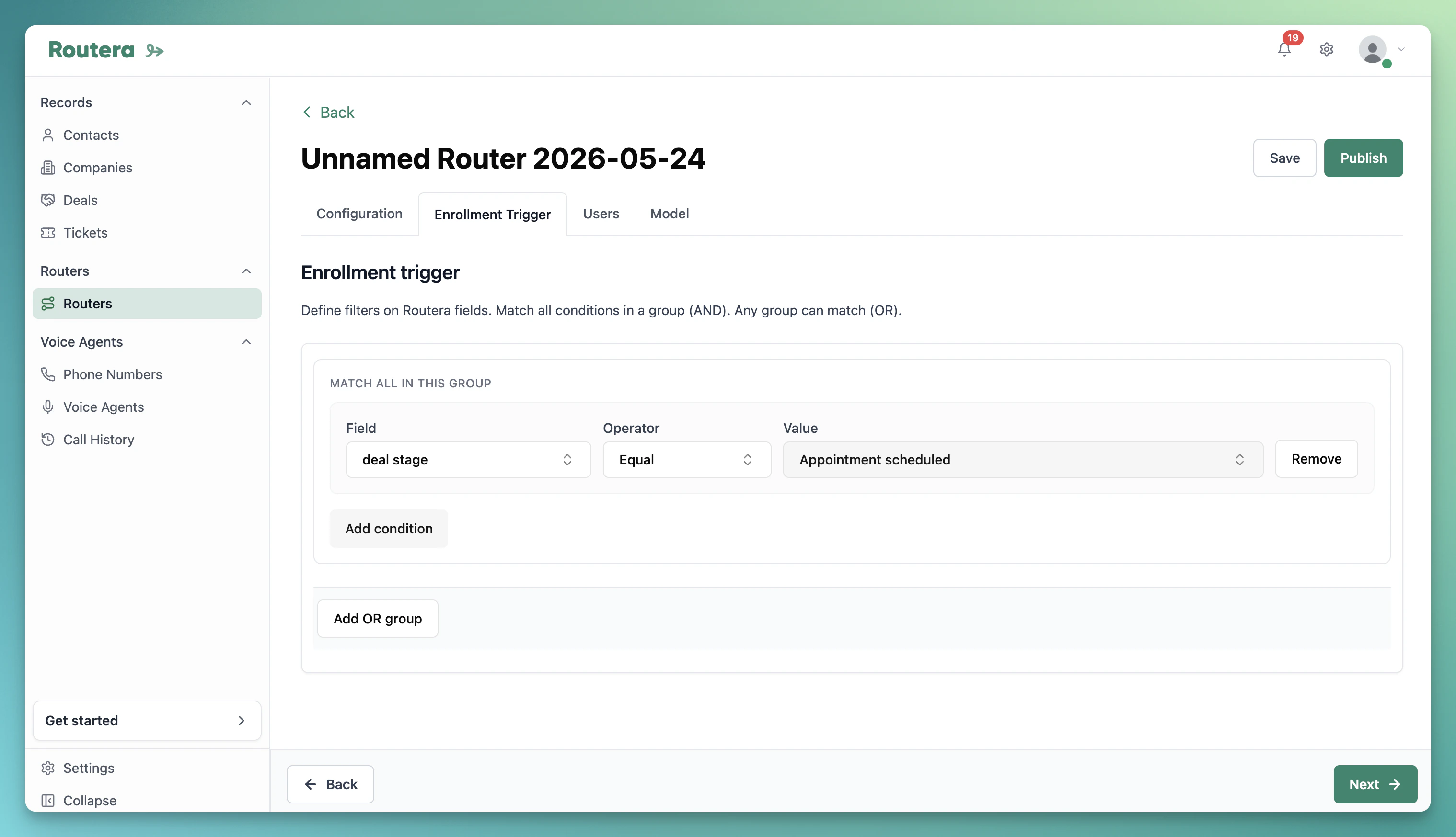 Enrollment Trigger with field, operator, and value conditions