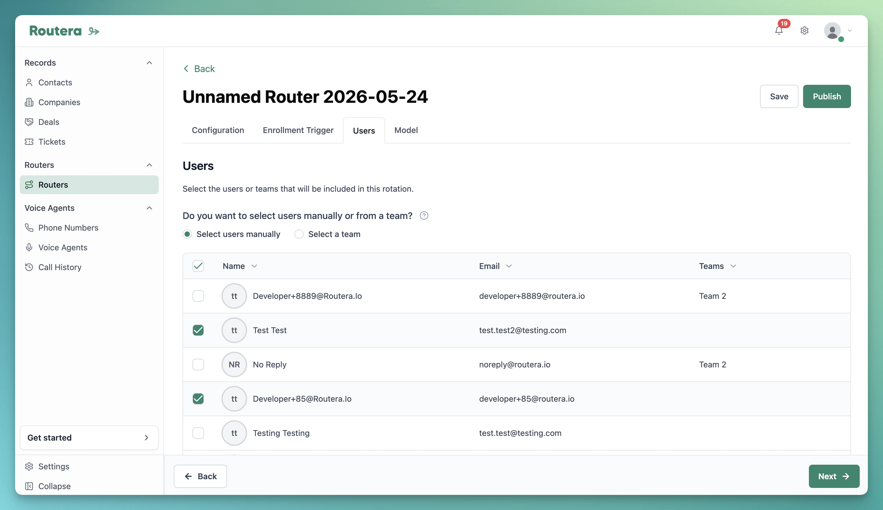 Router Users tab with manual vs team selection and backup user