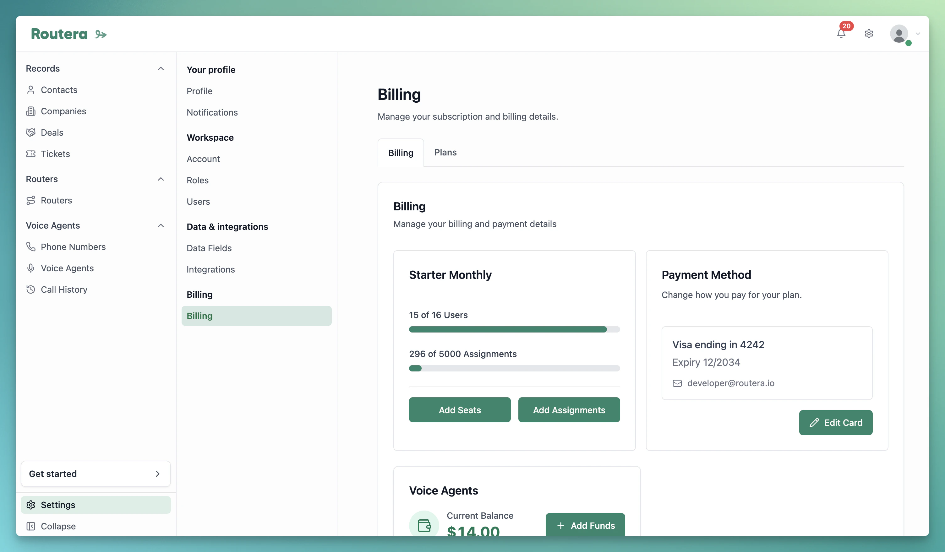 Billing tab with Payment Method card