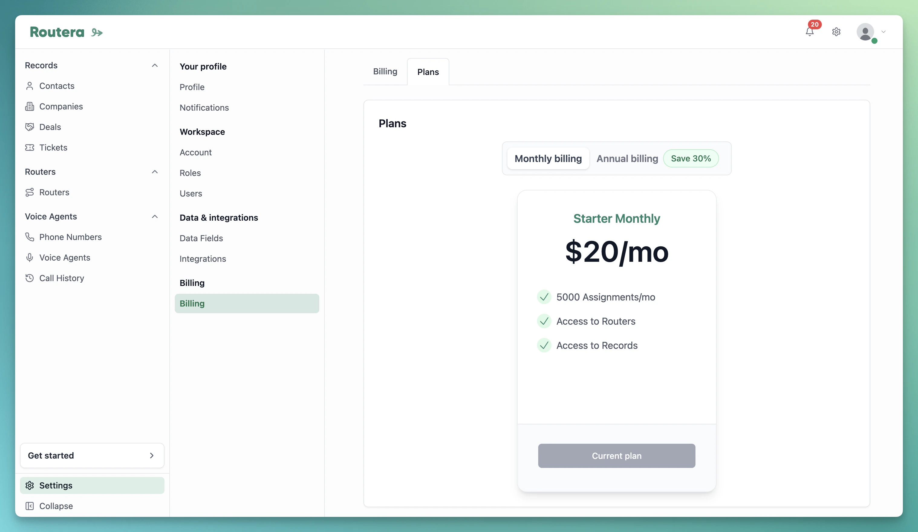 Plans tab with monthly and annual billing and plan cards