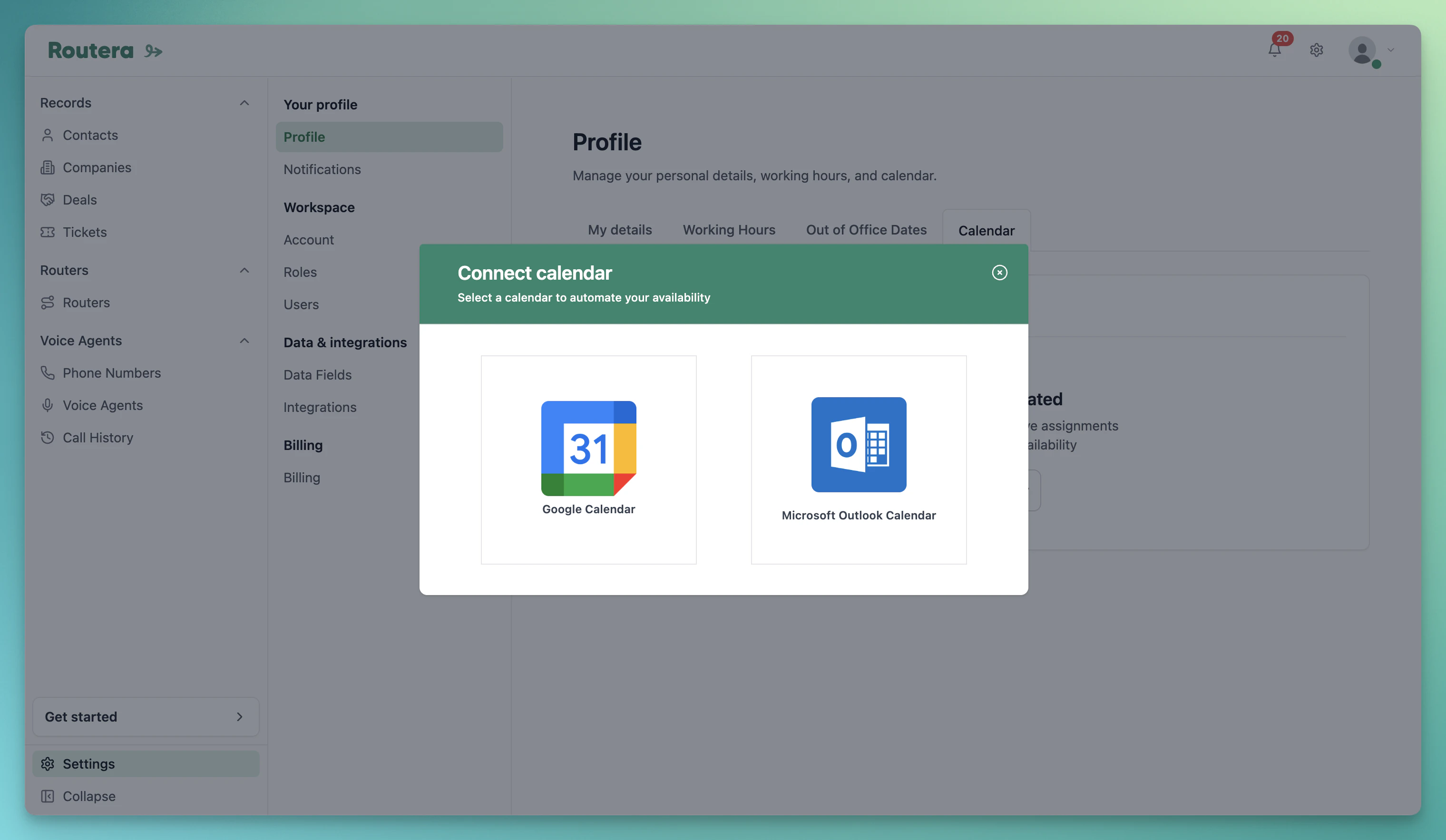 Connect calendar modal with Google and Outlook options