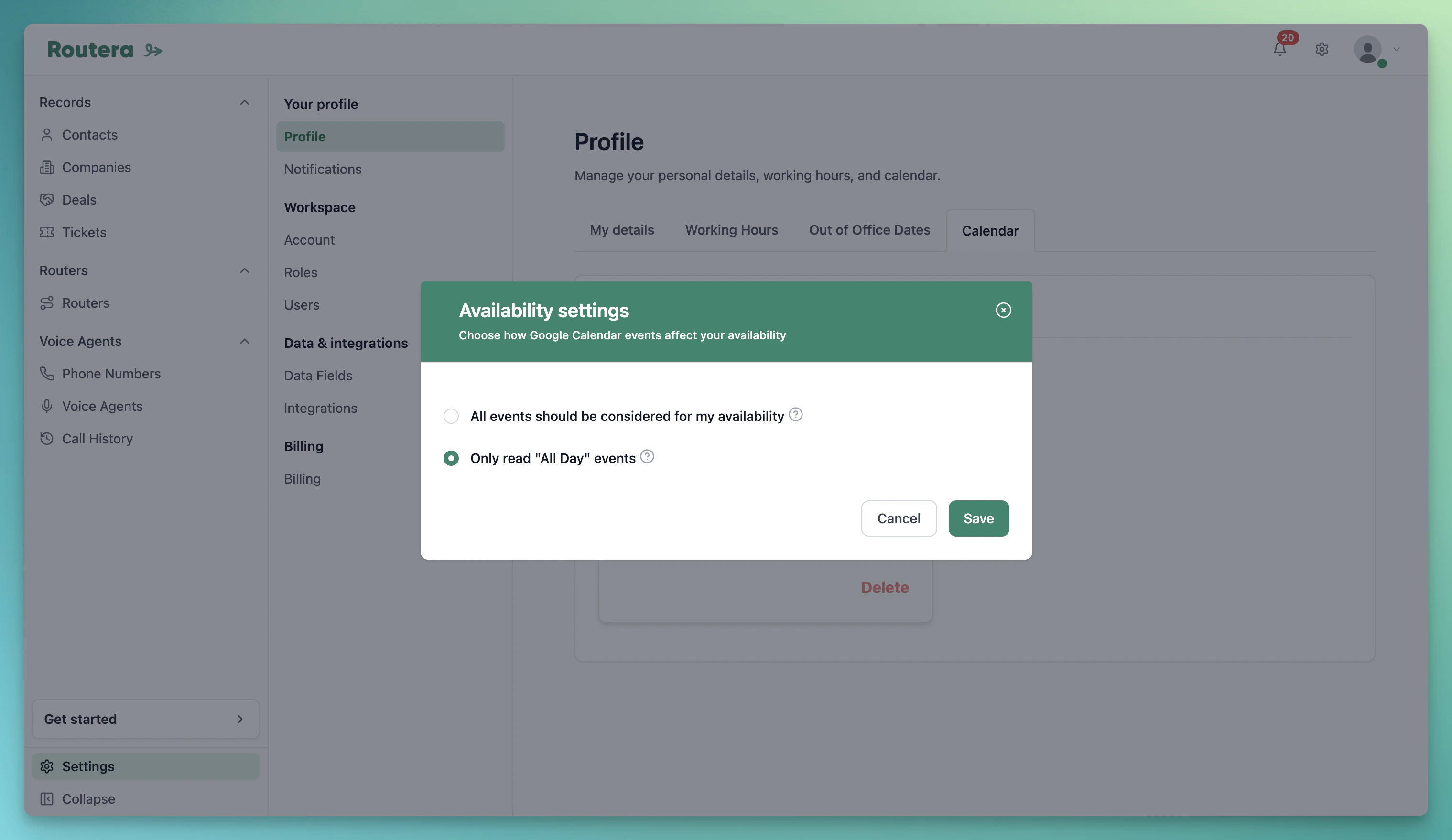 Google Calendar availability settings modal