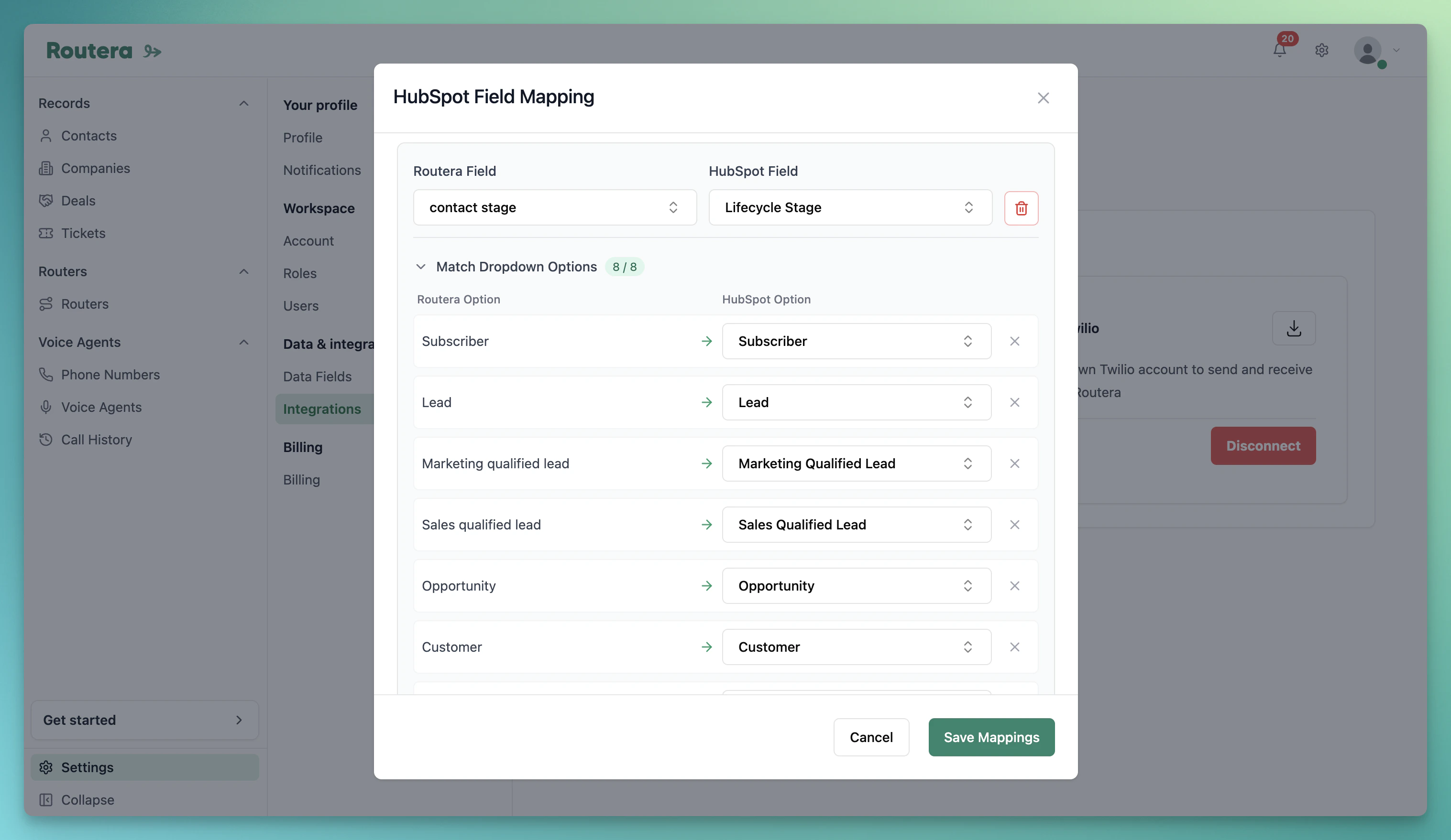 Match Dropdown Options section with Routera and HubSpot options