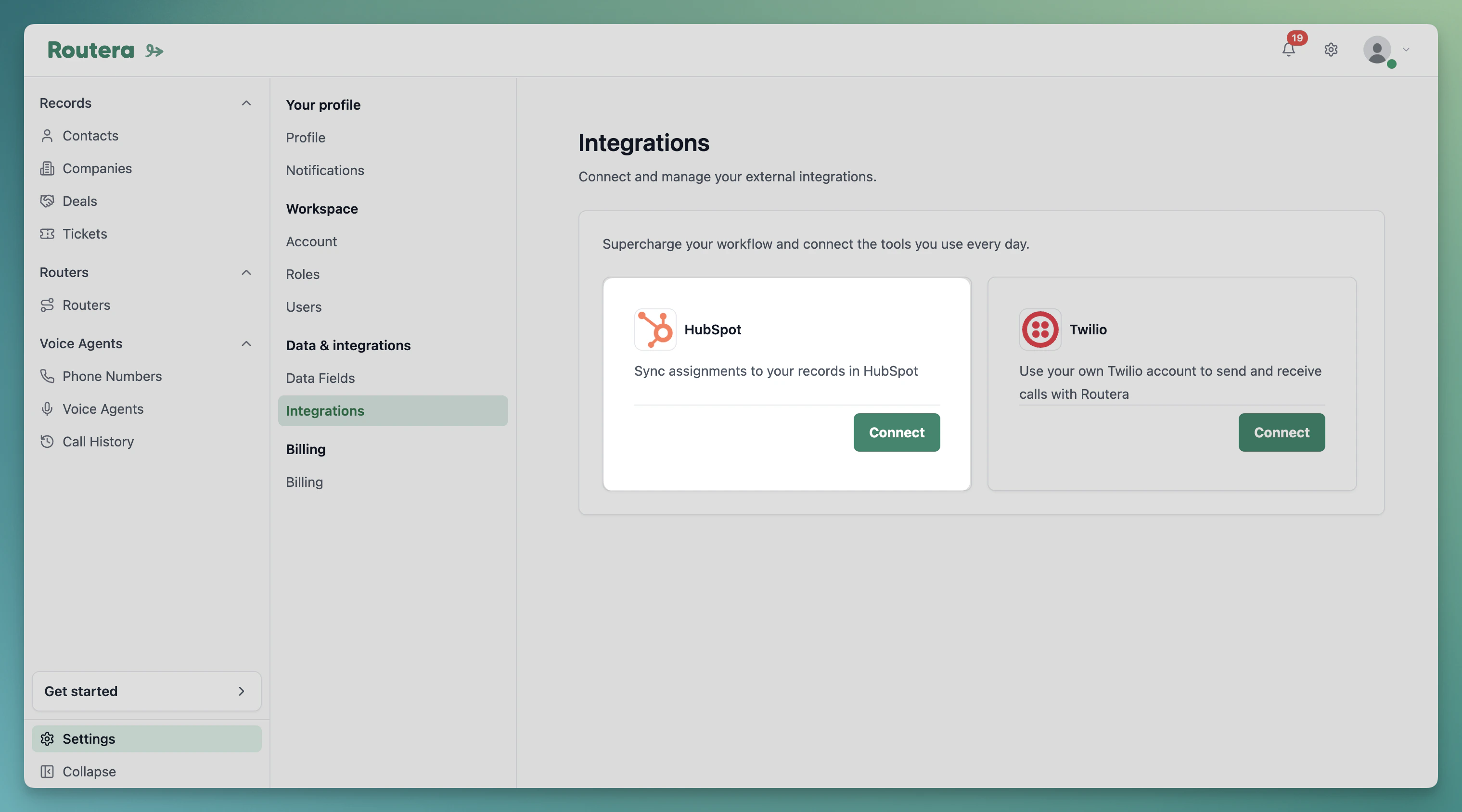 Settings Integrations tab with HubSpot Connect