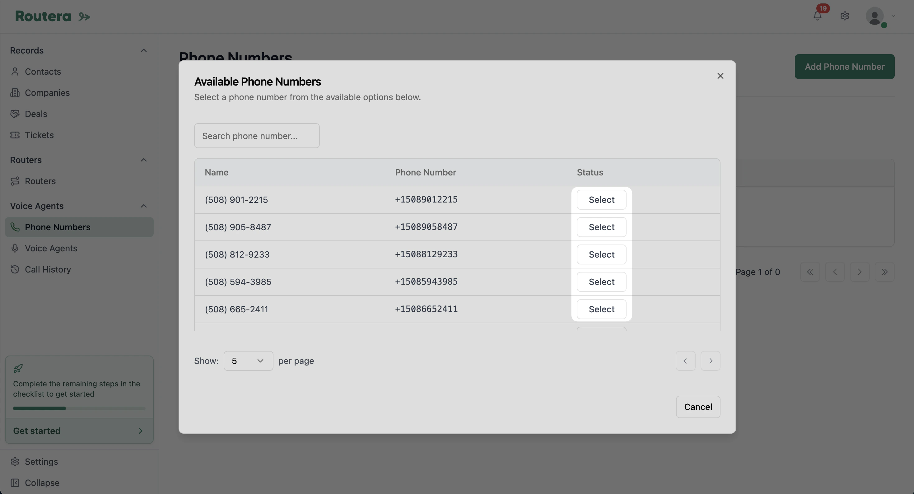 Available phone numbers list with Select