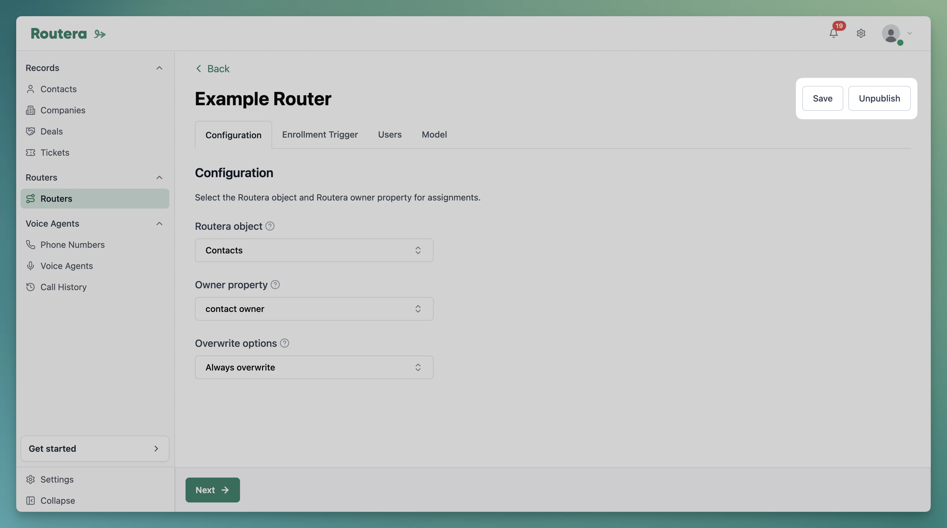 Router editor with Save, Publish, and Unpublish
