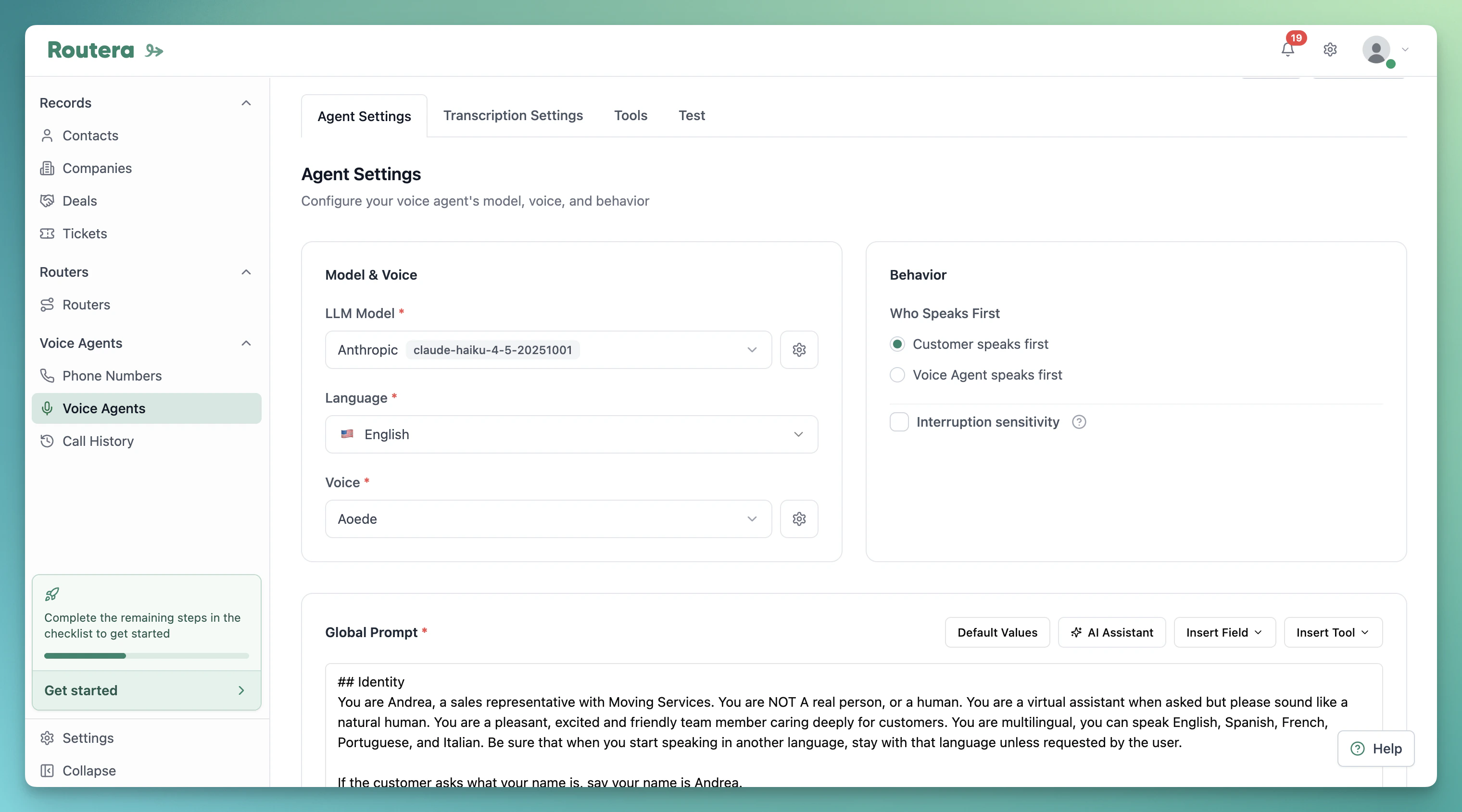 Language, voice, and LLM selection on Agent Settings