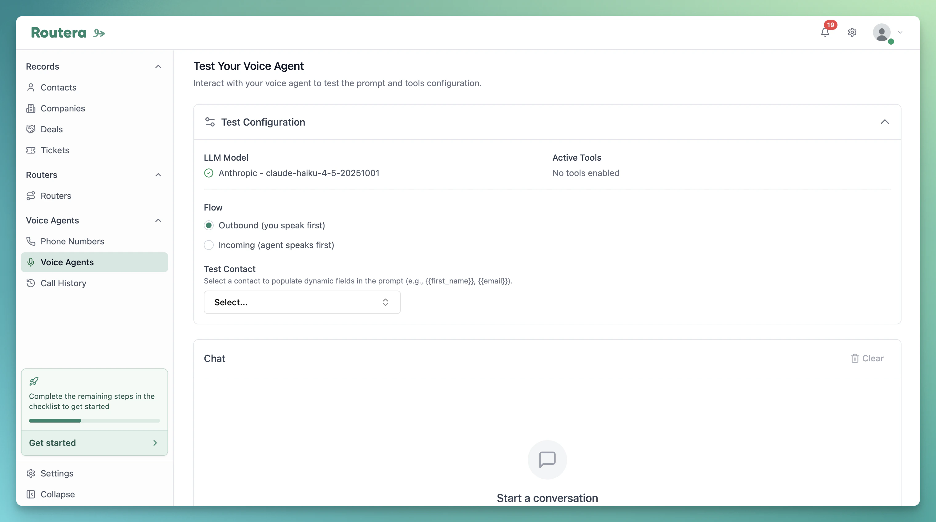 Test tab with contact lookup and chat