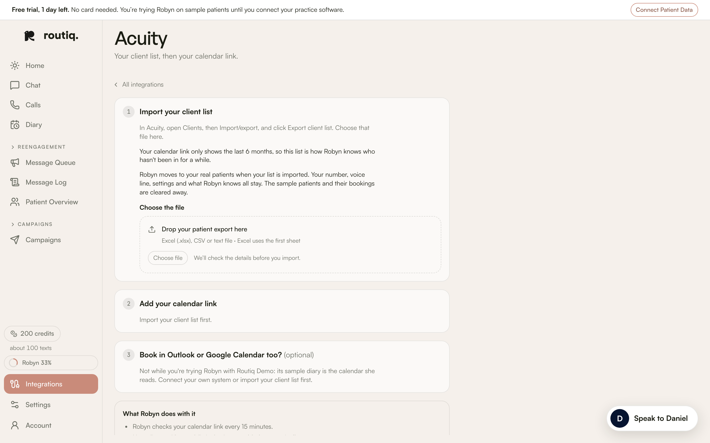 Acuity setup: import the client list, then add a calendar link.