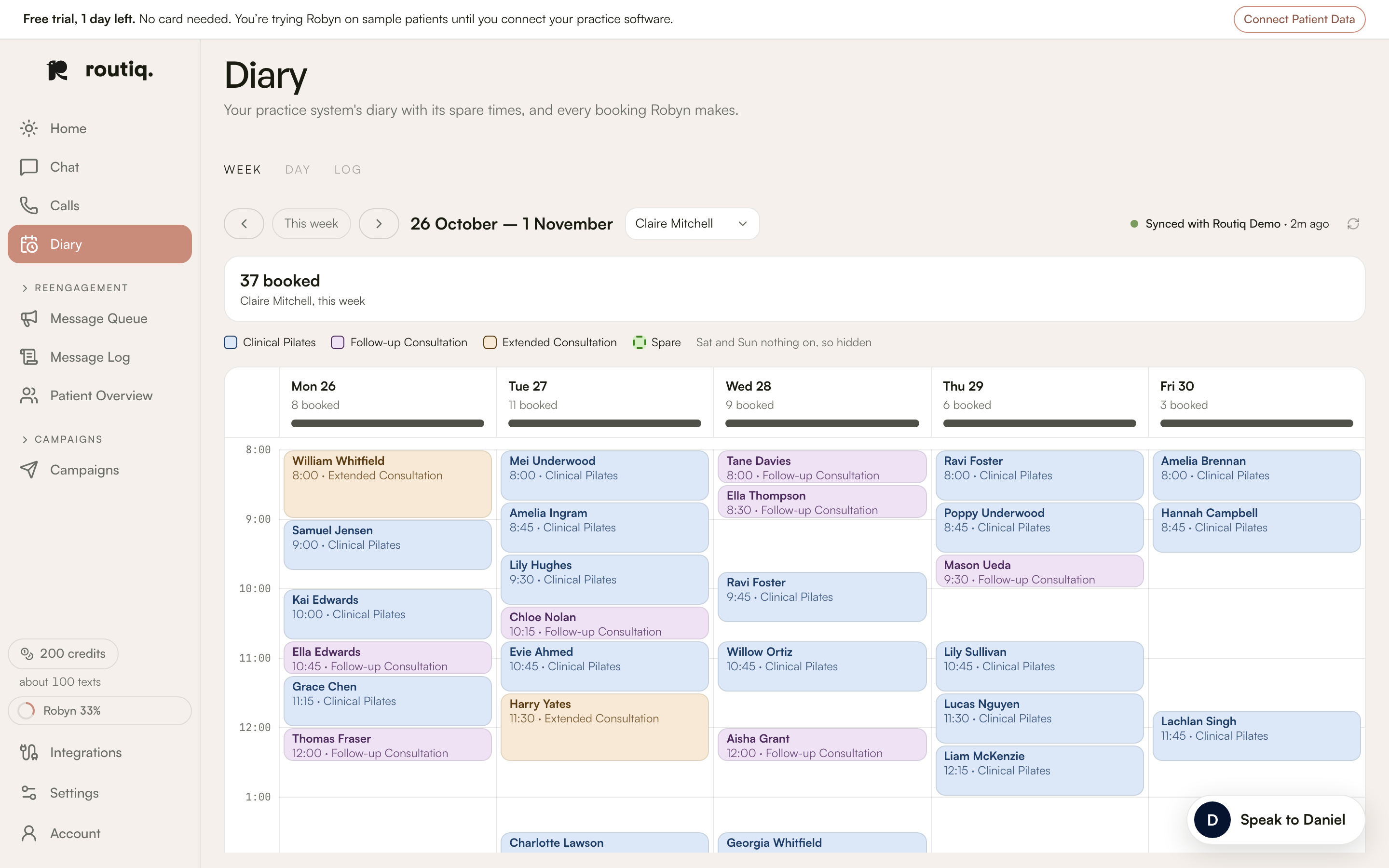 The weekly diary with fictional appointments and practitioner selection.