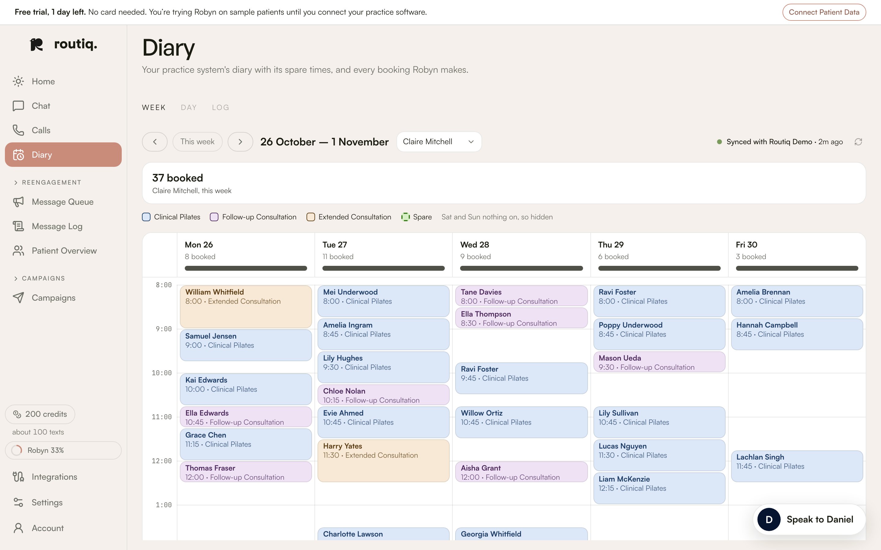 The weekly diary with fictional appointments and practitioner selection.