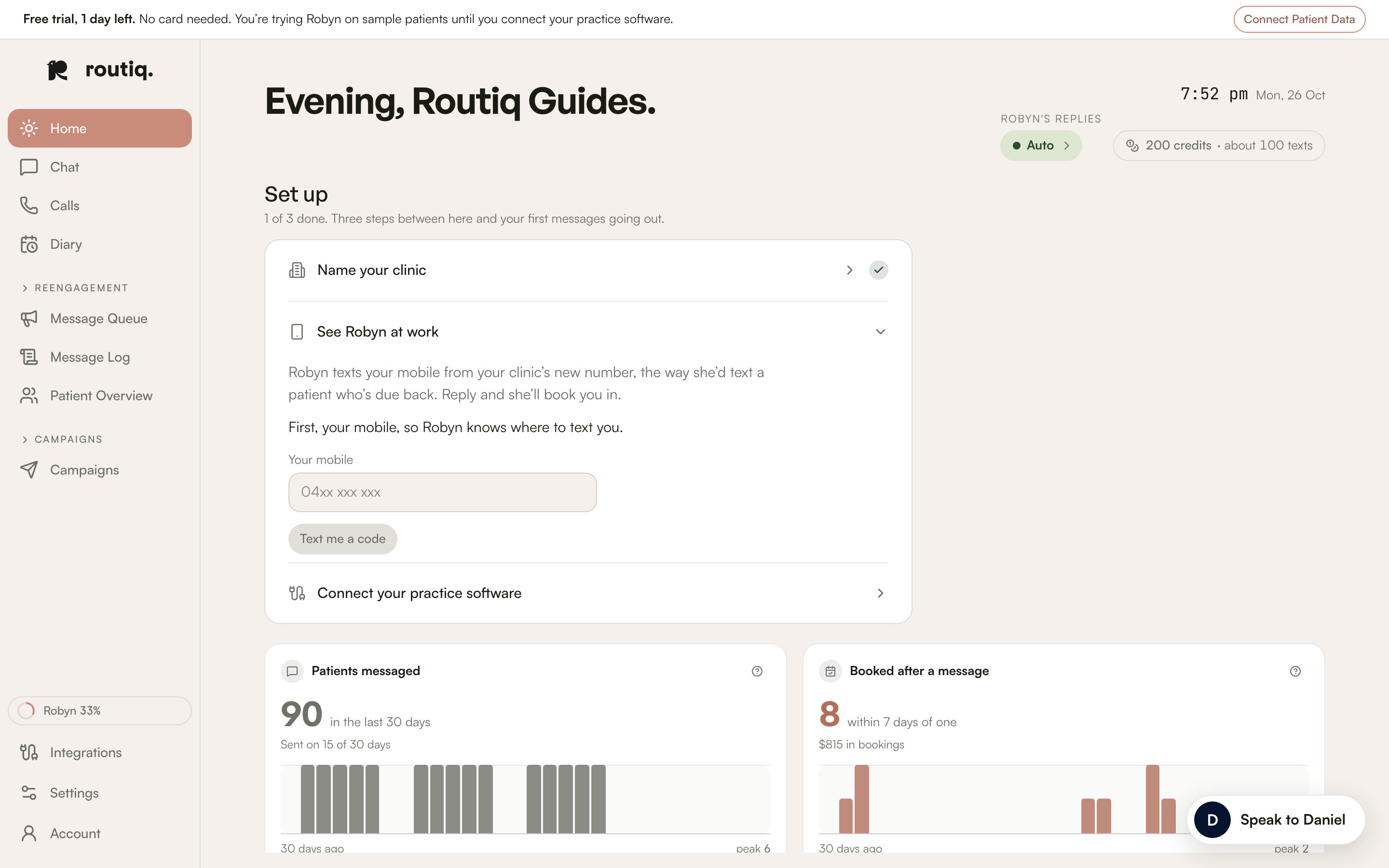 Home in the sample clinic, with setup steps and recent messaging results.