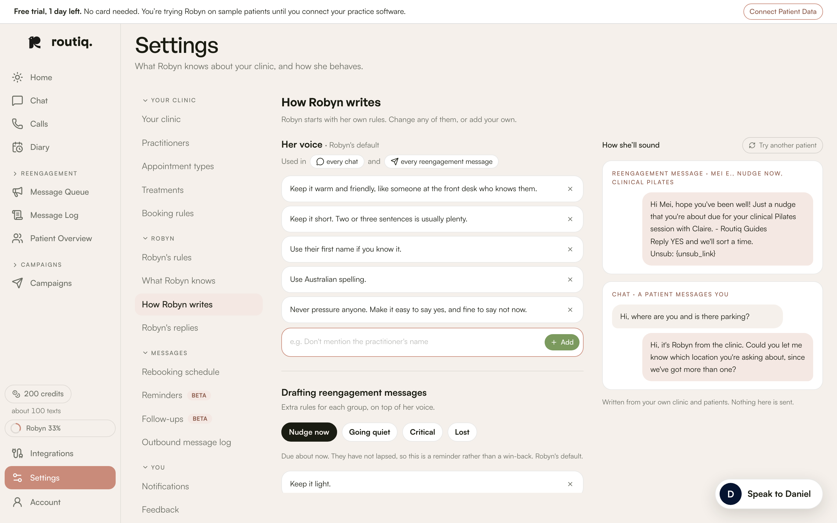 Robyn’s voice rules beside a sample reengagement text and chat reply.