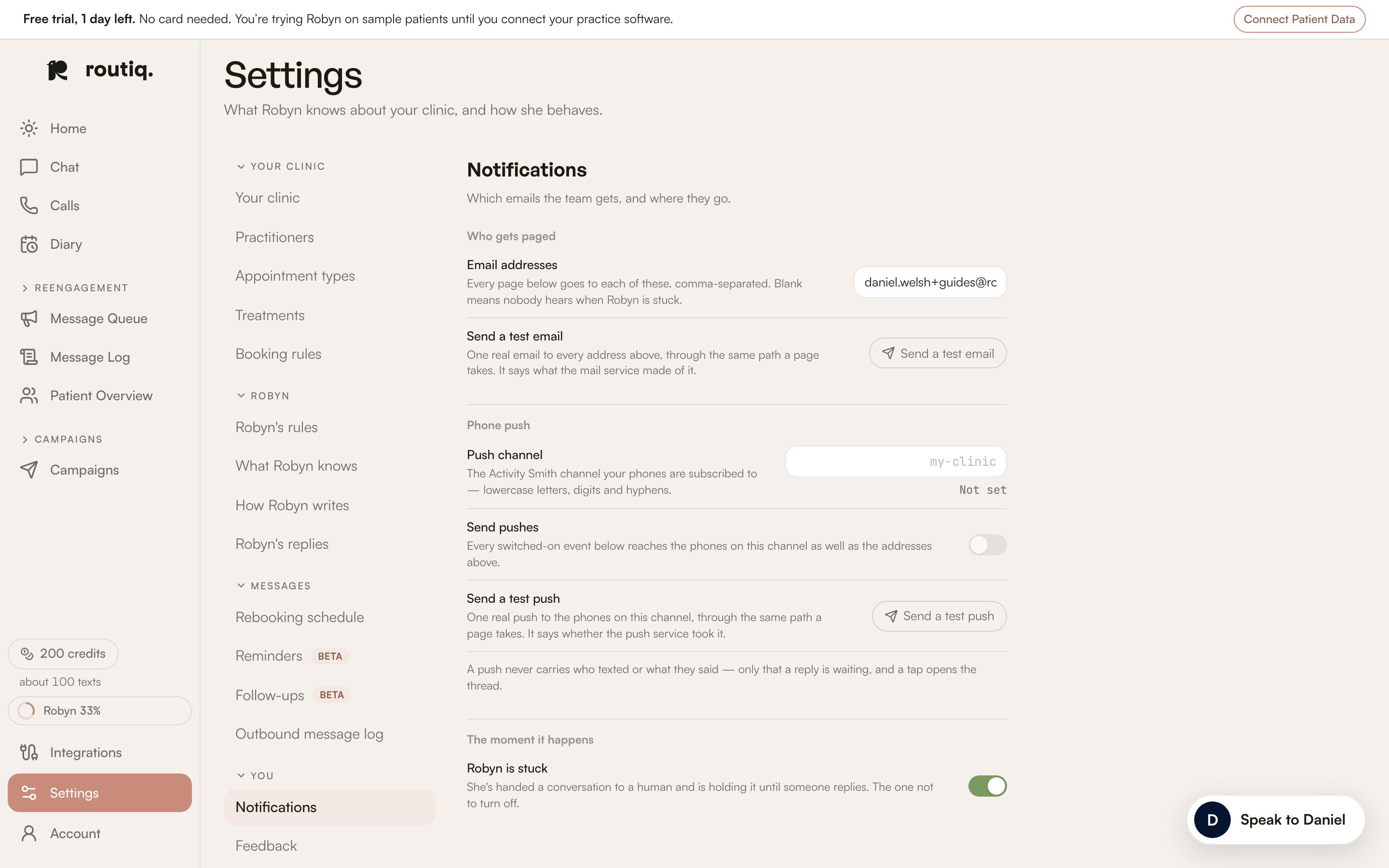 Notification recipients, push settings and alerts in the sample clinic.