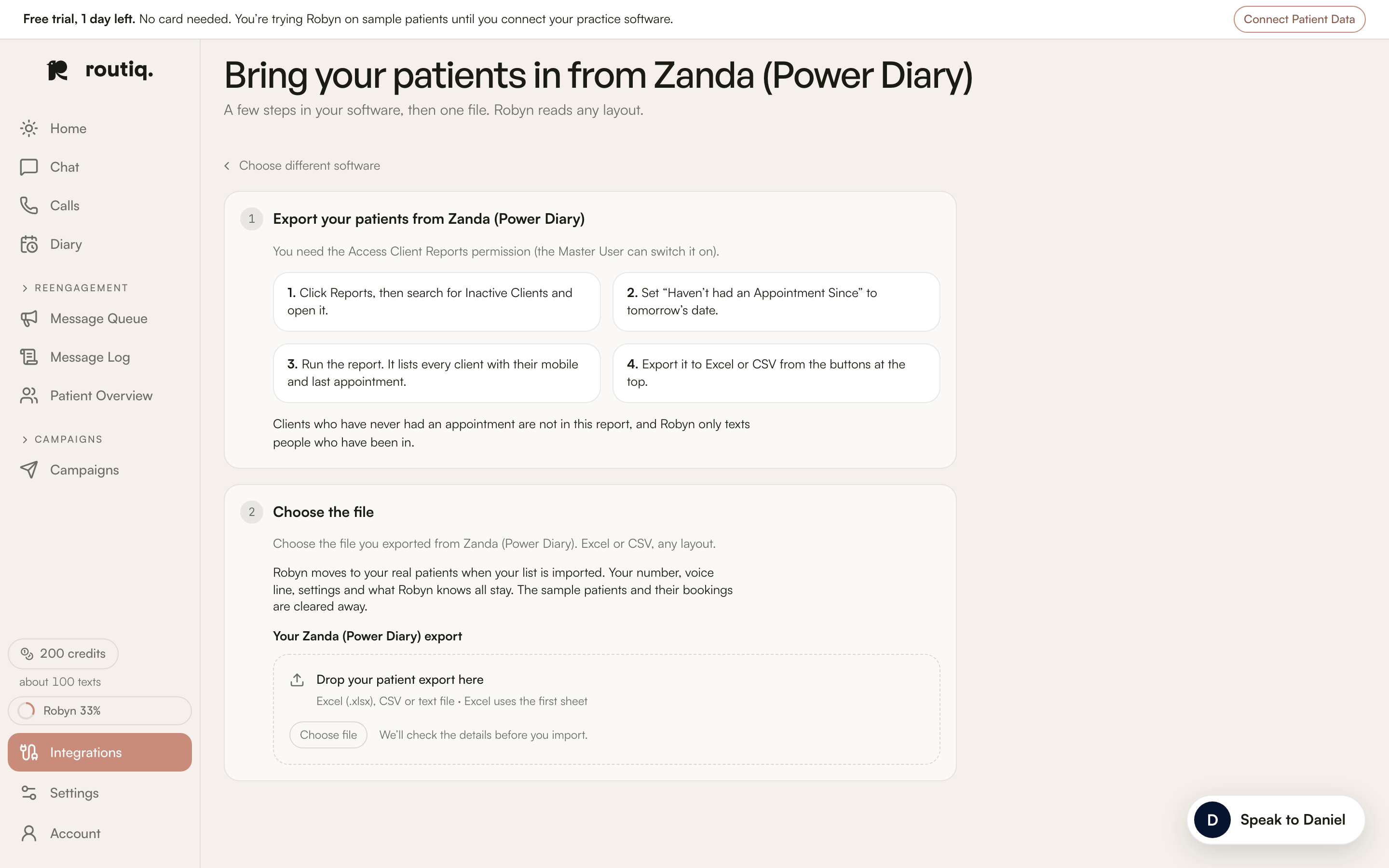 An example of the guided patient export instructions for Zanda.
