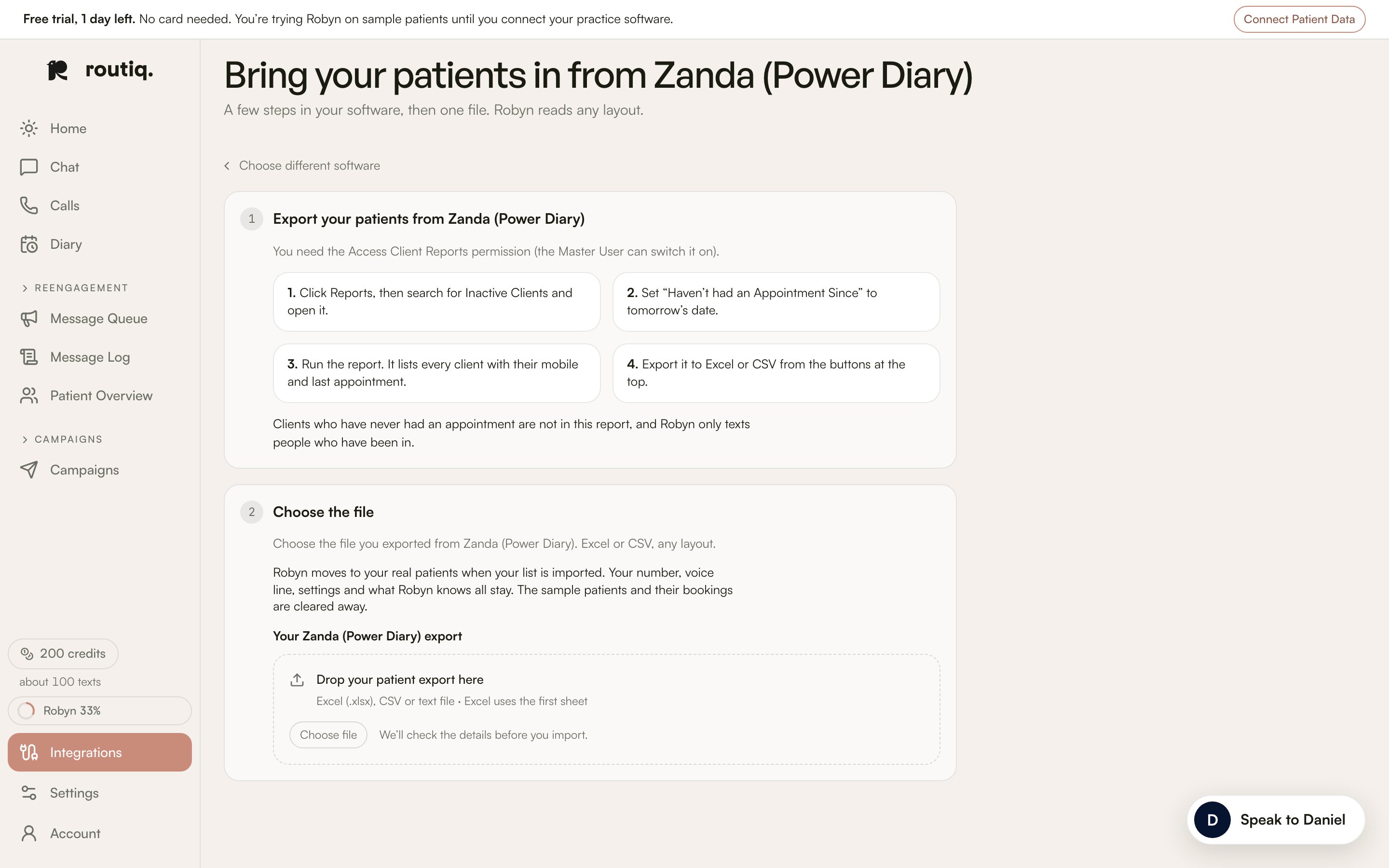 An example of the guided patient export instructions for Zanda.
