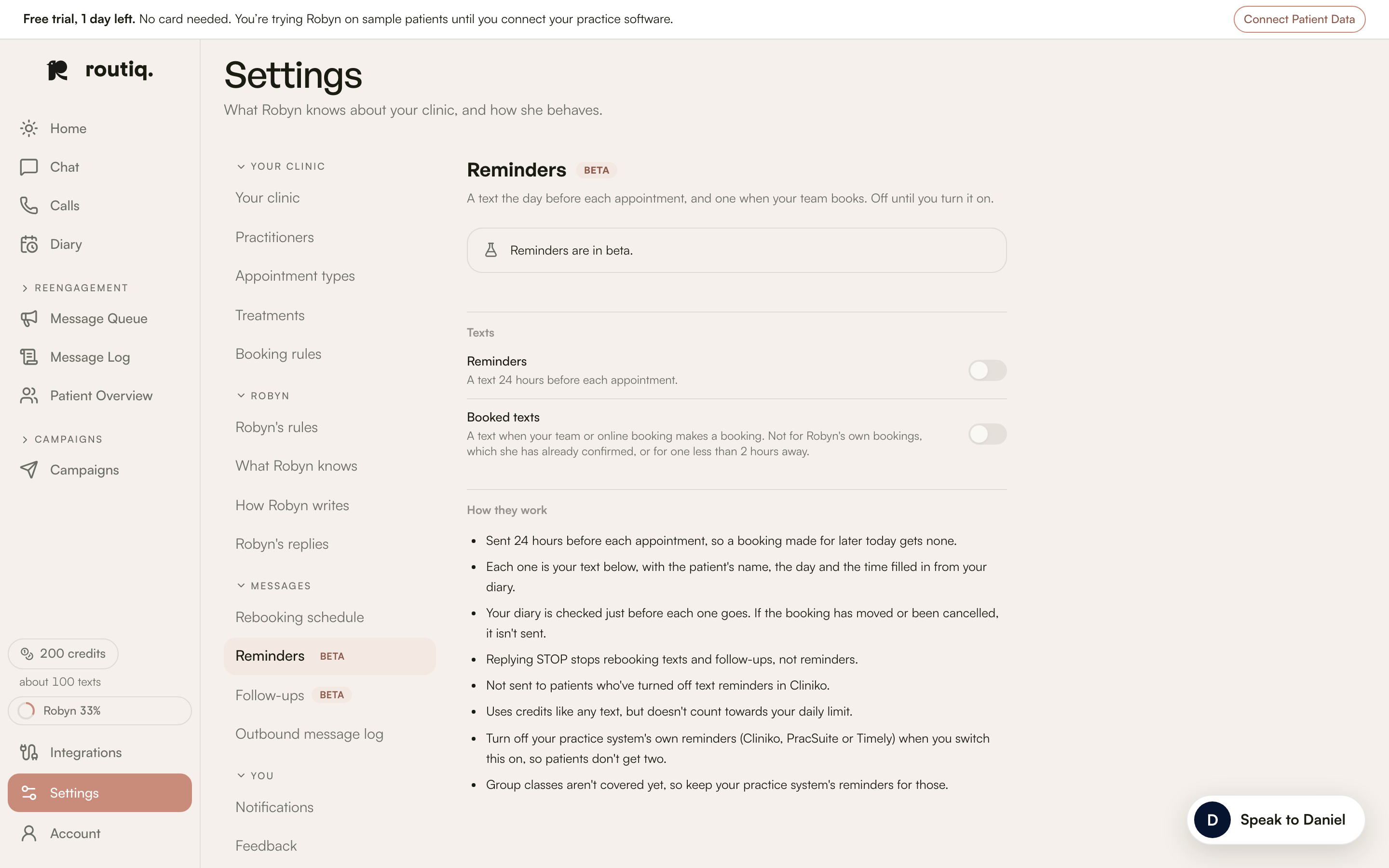 The beta Reminders settings, with reminder and booked-text switches off.