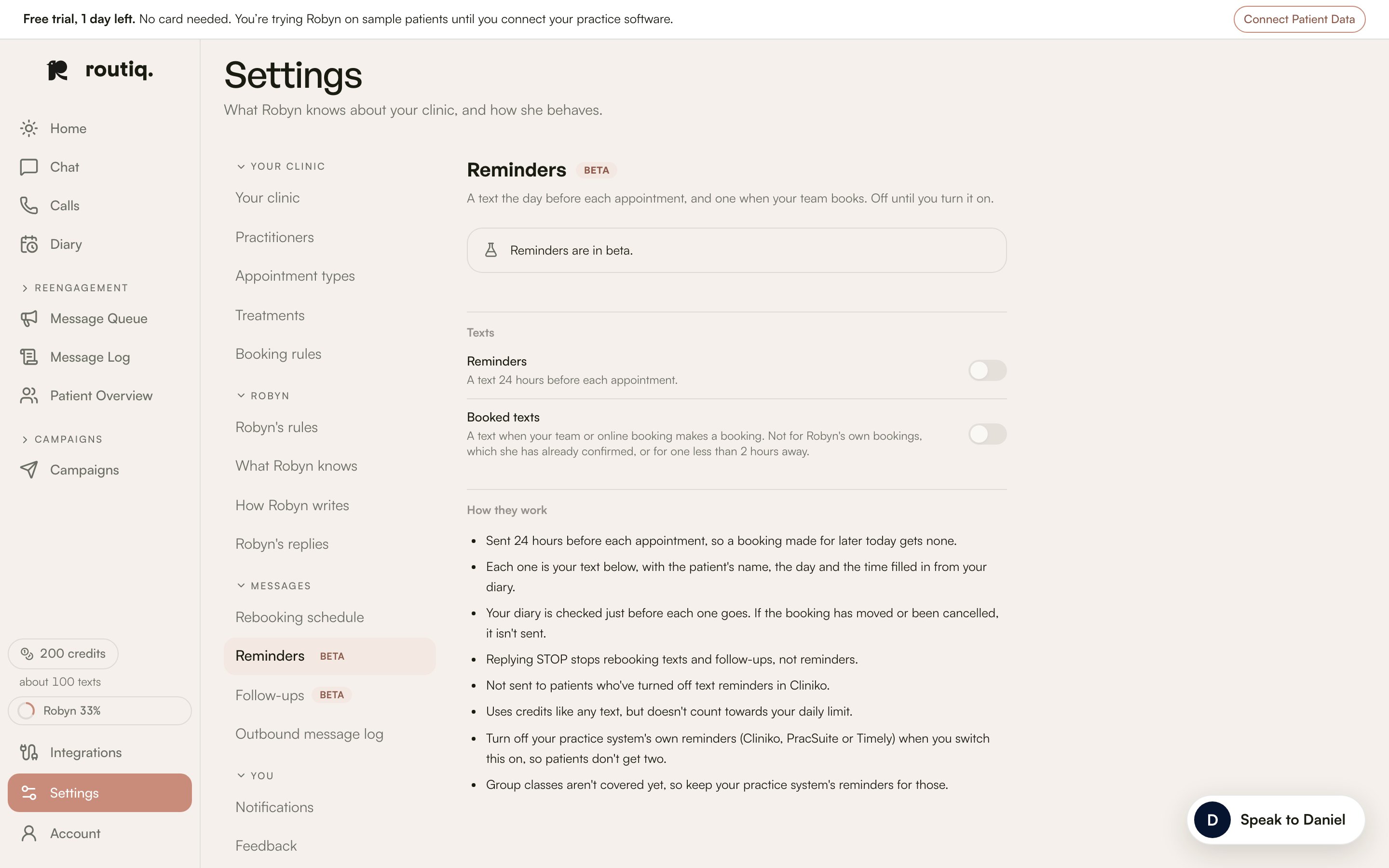The beta Reminders settings, with reminder and booked-text switches off.