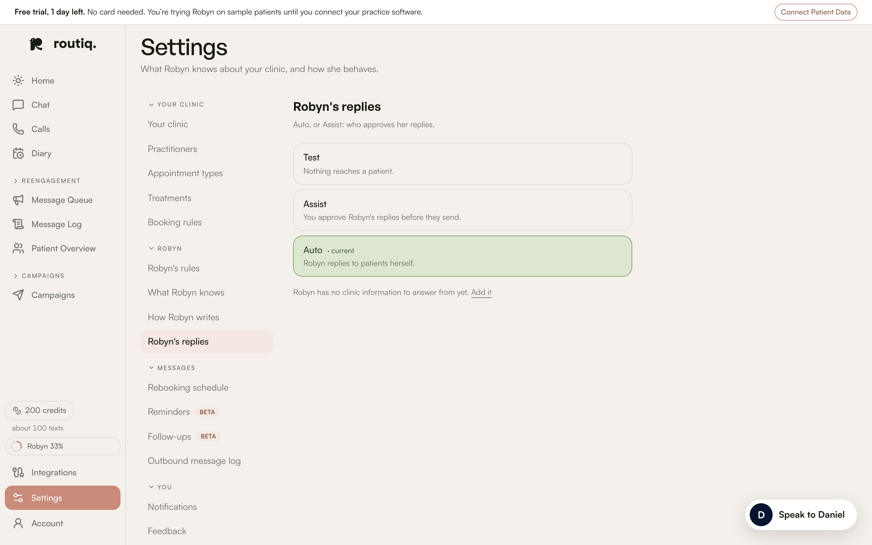 Robyn’s replies settings with Test, Assist and Auto.
