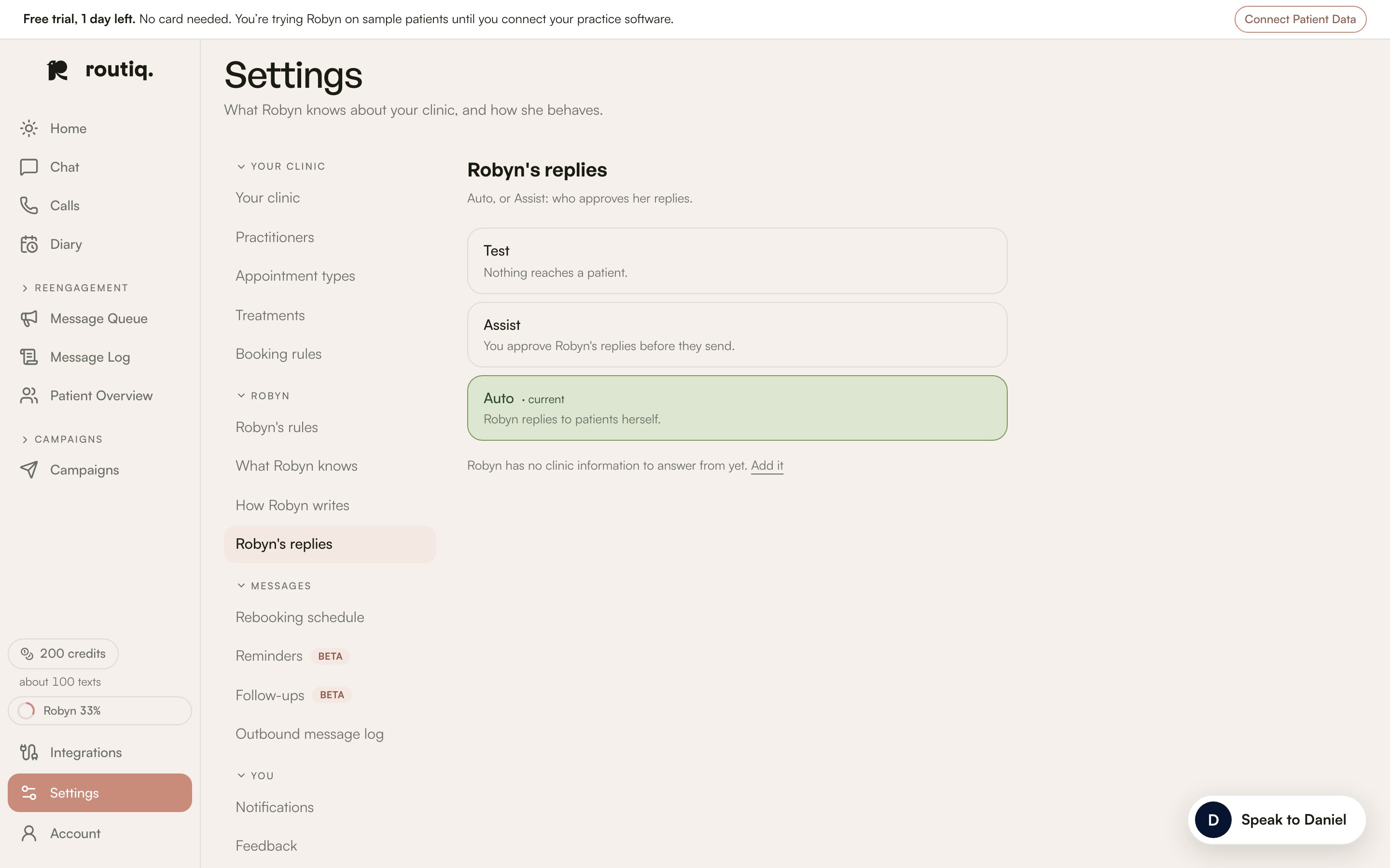 Robyn’s replies settings with Test, Assist and Auto.