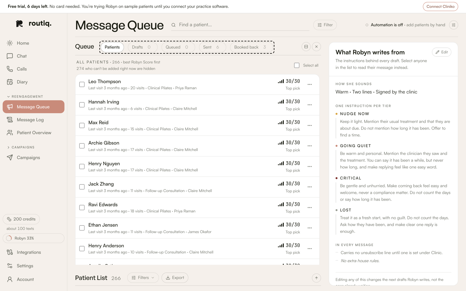 The Message Queue's tabs: Patients, Drafts, Queued, Sent and Booked back