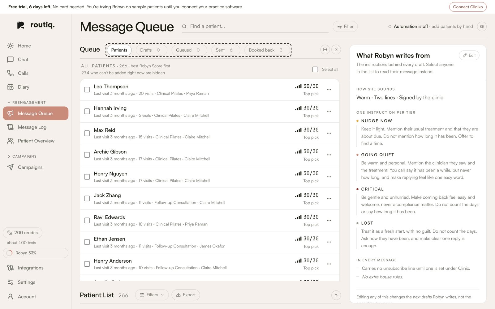 The Message Queue's tabs: Patients, Drafts, Queued, Sent and Booked back