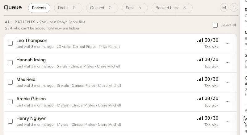 Pressing ⋯ on a patient's row opens a menu with Never text