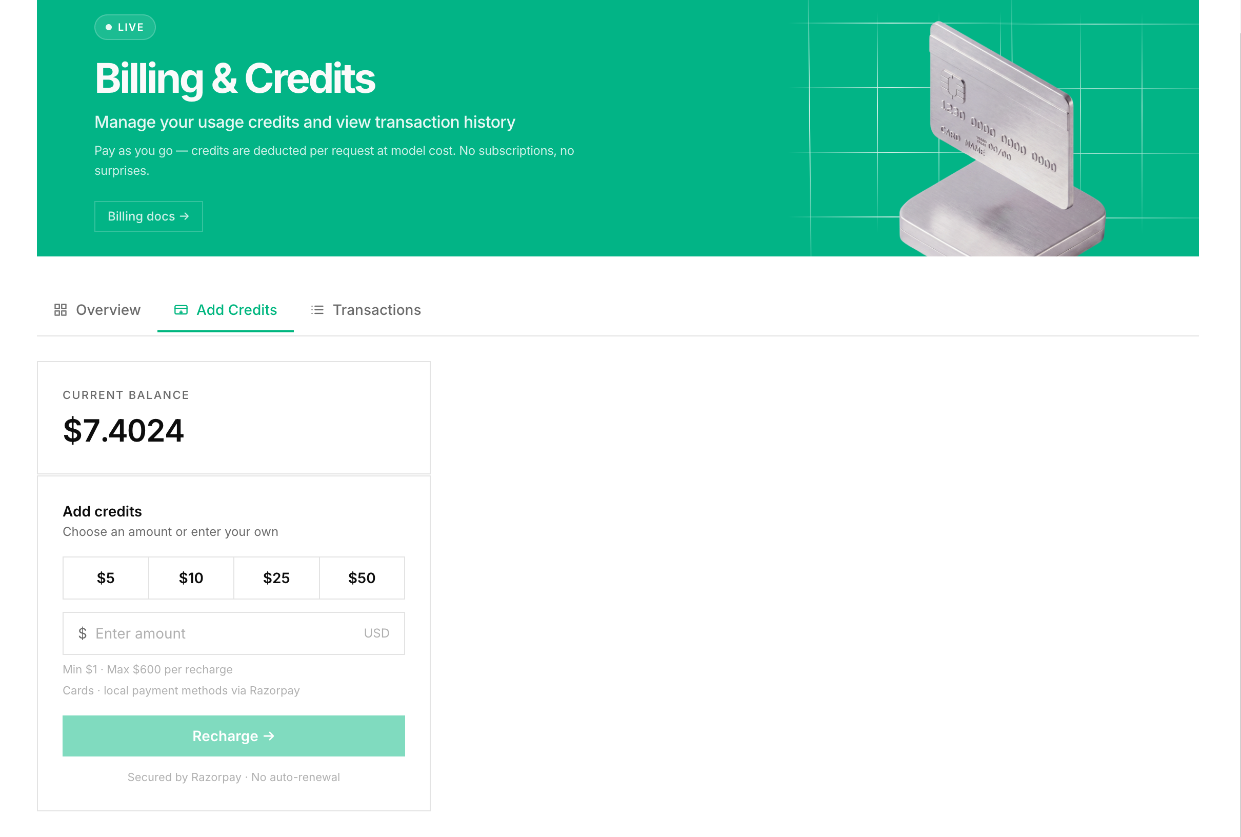 Add credits - choose an amount and pay securely via Razorpay