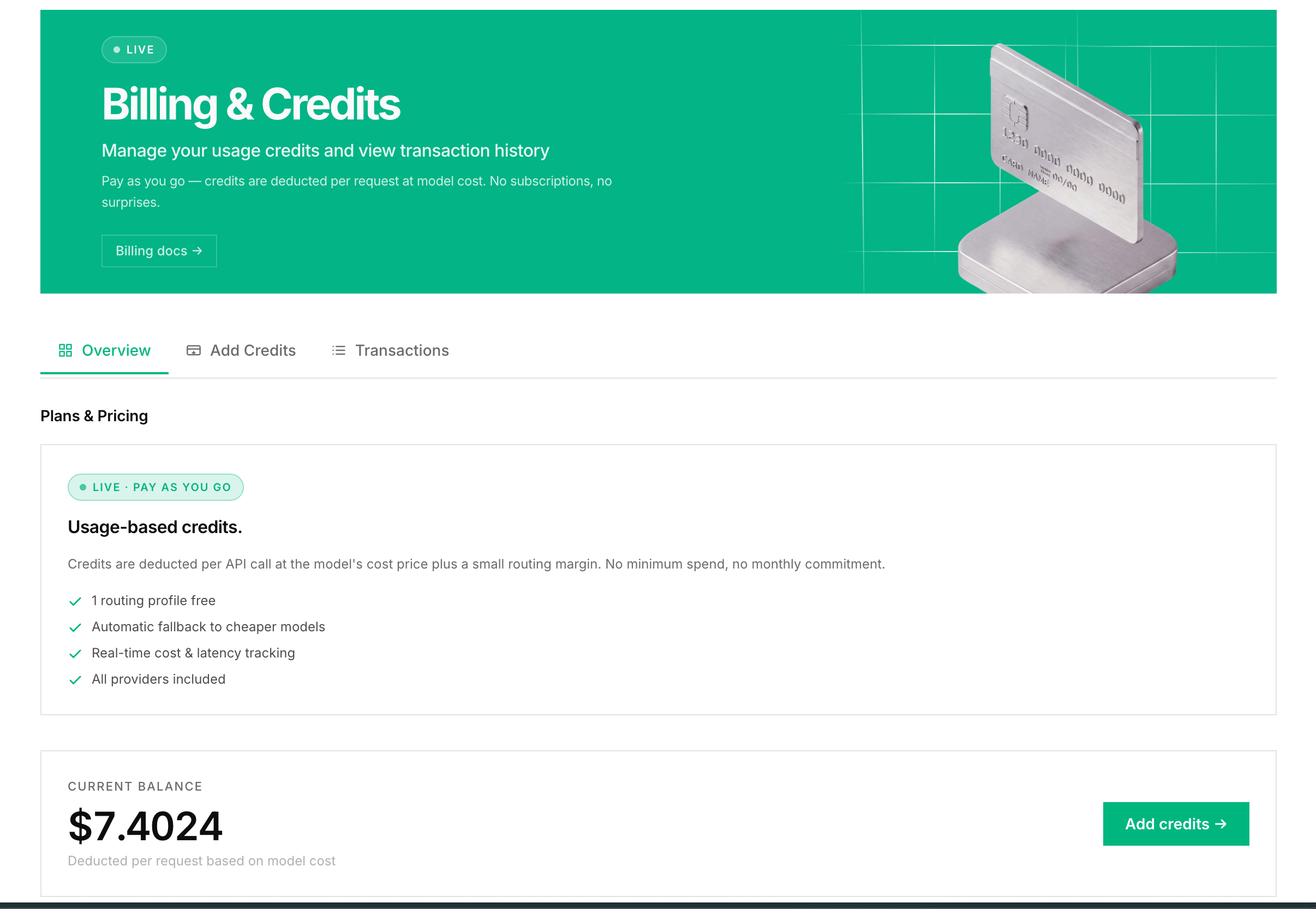 Billing overview - credit balance, plans and pricing, and transaction history