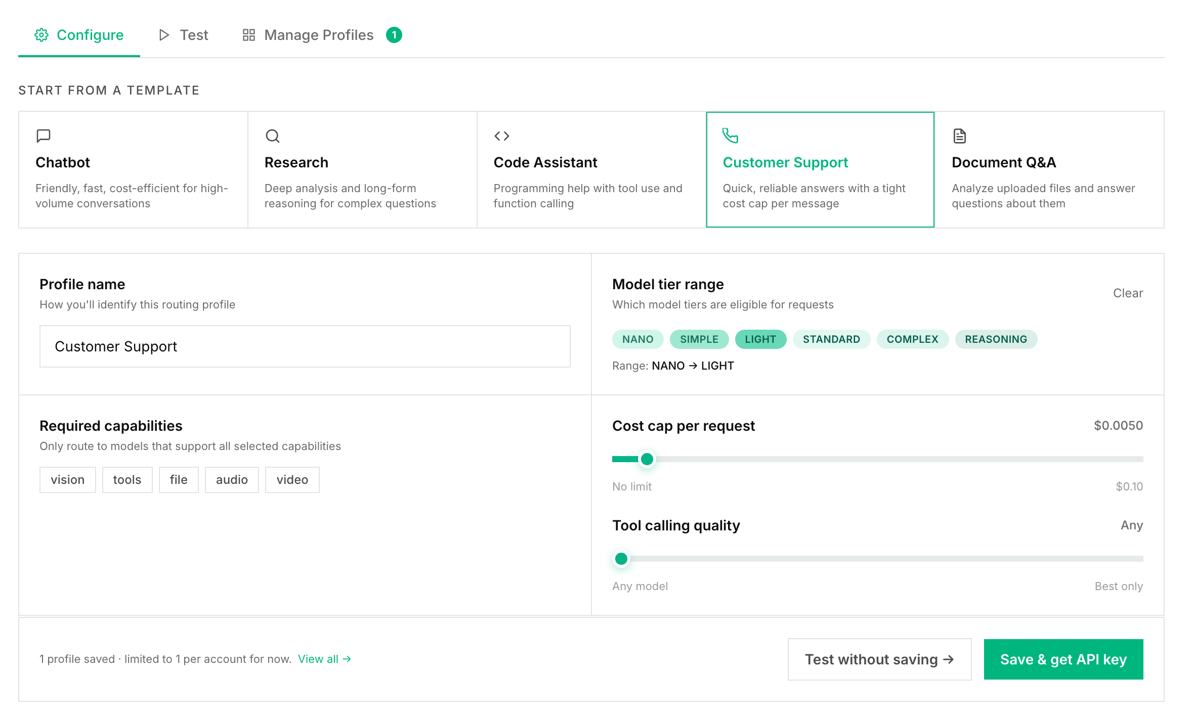 Playground Configure tab with the Customer Support template selected