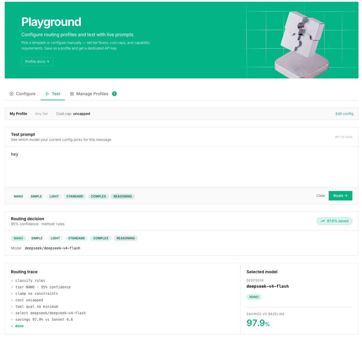 Playground test result under a profile - profile bar, routing decision, routing trace, and selected model with savings