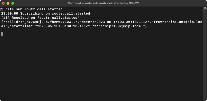 Terminal running nats sub routr.call.started and receiving a JSON event with callId, from, to, and startTime