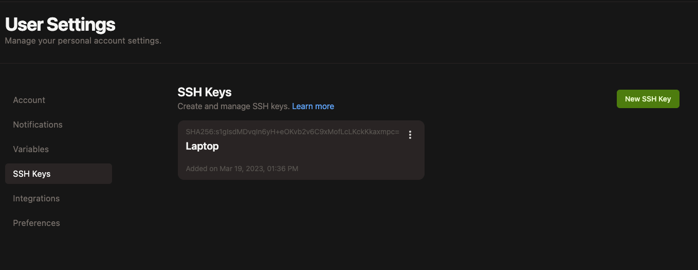 Gitpod SSH keys settings page with a field to add a public key