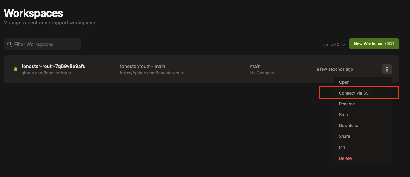 Gitpod workspaces list with the More menu open and the Connect via SSH option