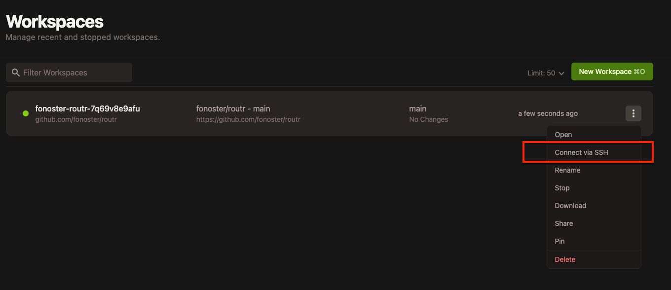 Gitpod workspaces list with the More menu open and the Connect via SSH option