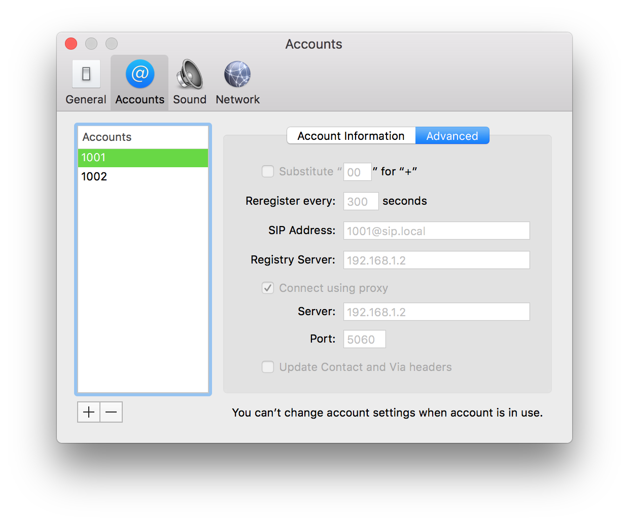 Telephone advanced settings with SIP address 1001@sip.local, registry server 192.168.1.2, and proxy 192.168.1.2 on port 5060