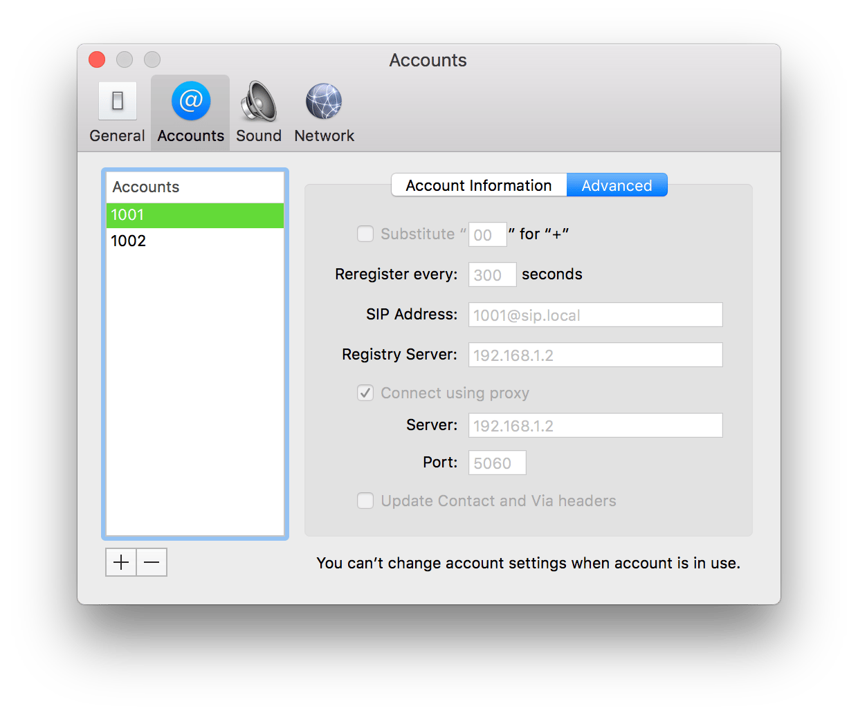 Telephone advanced settings with SIP address 1001@sip.local, registry server 192.168.1.2, and proxy 192.168.1.2 on port 5060