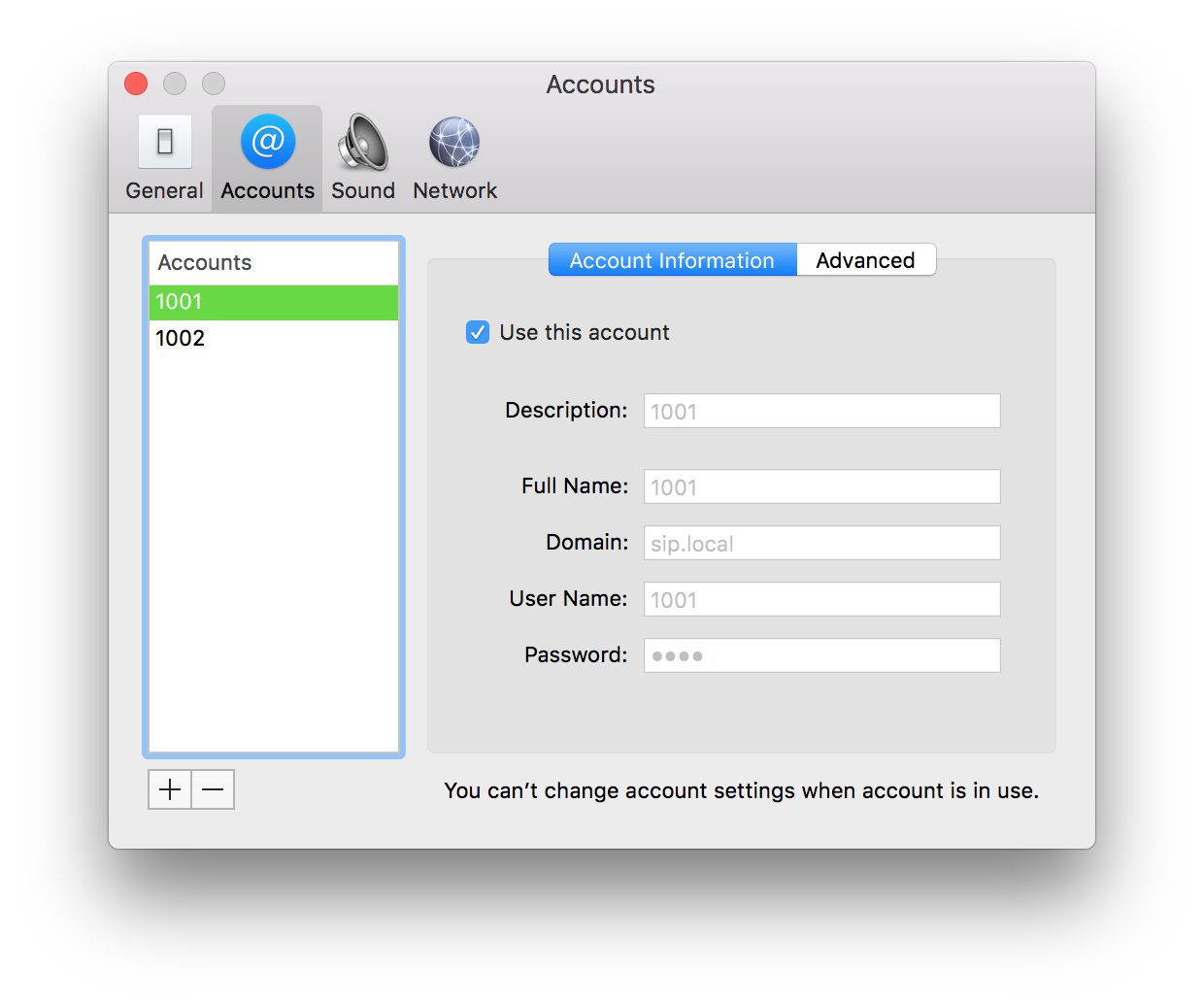 Telephone account settings for 1001 with domain sip.local, username 1001, and a password