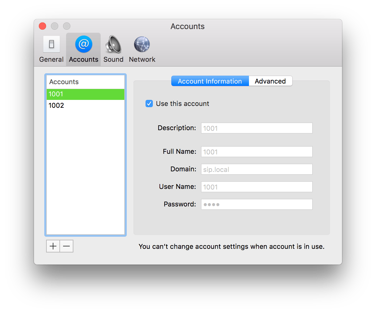 Telephone account settings for 1001 with domain sip.local, username 1001, and a password